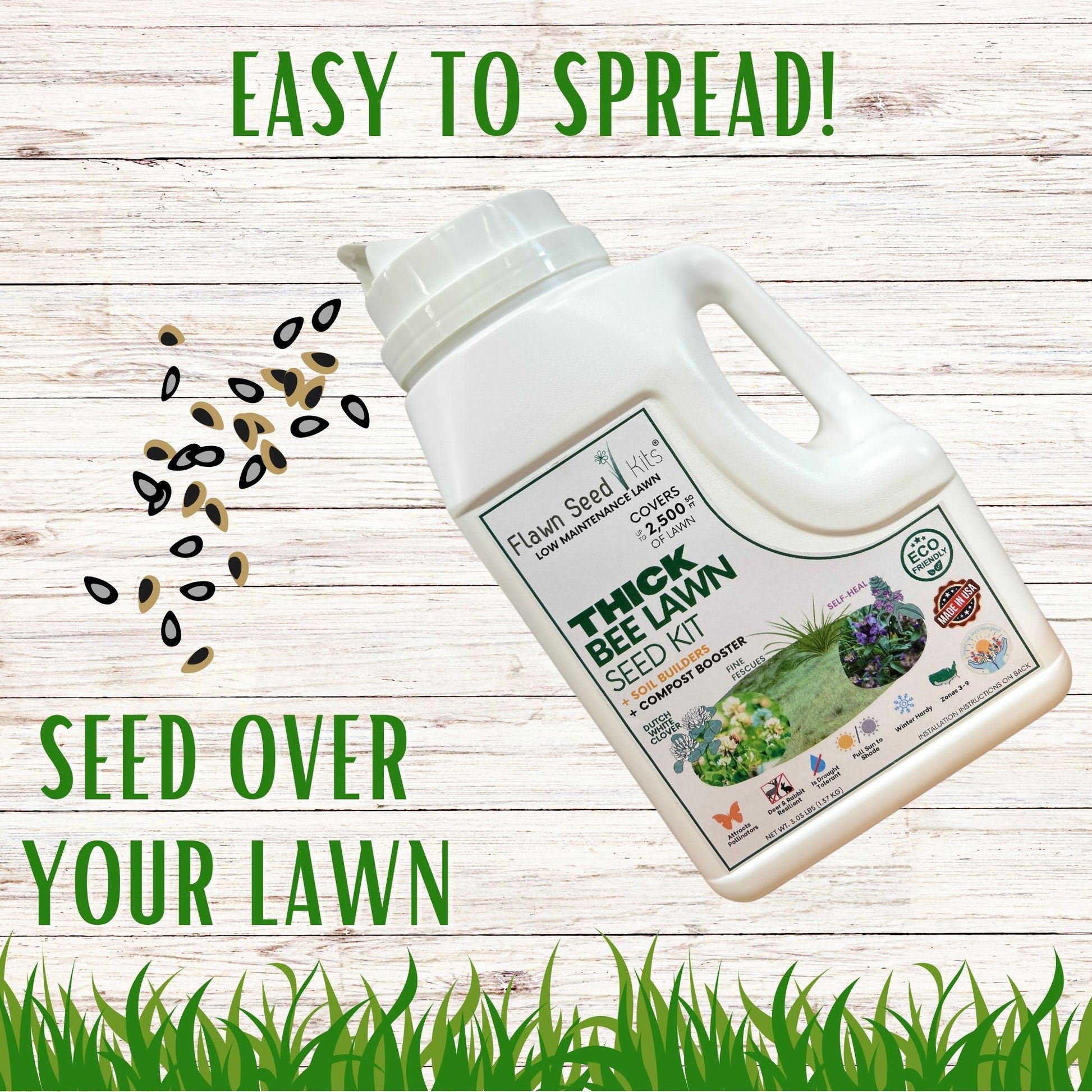 Thick Bee Lawn Seed Kit by Flawn Seed Kits featuring seed tape for growing a 250 sq ft bee-friendly lawn.