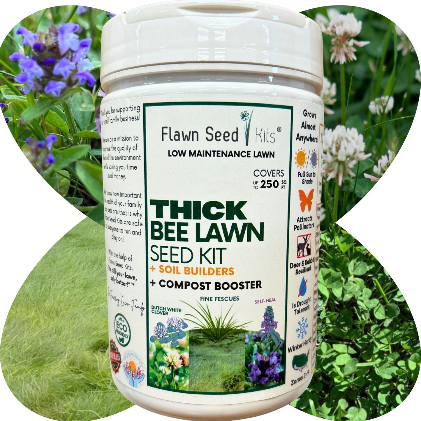 Thick Bee Lawn Seed Kit by Flawn Seed Kits with seed tape for creating a 250 sq ft bee-friendly lawn.