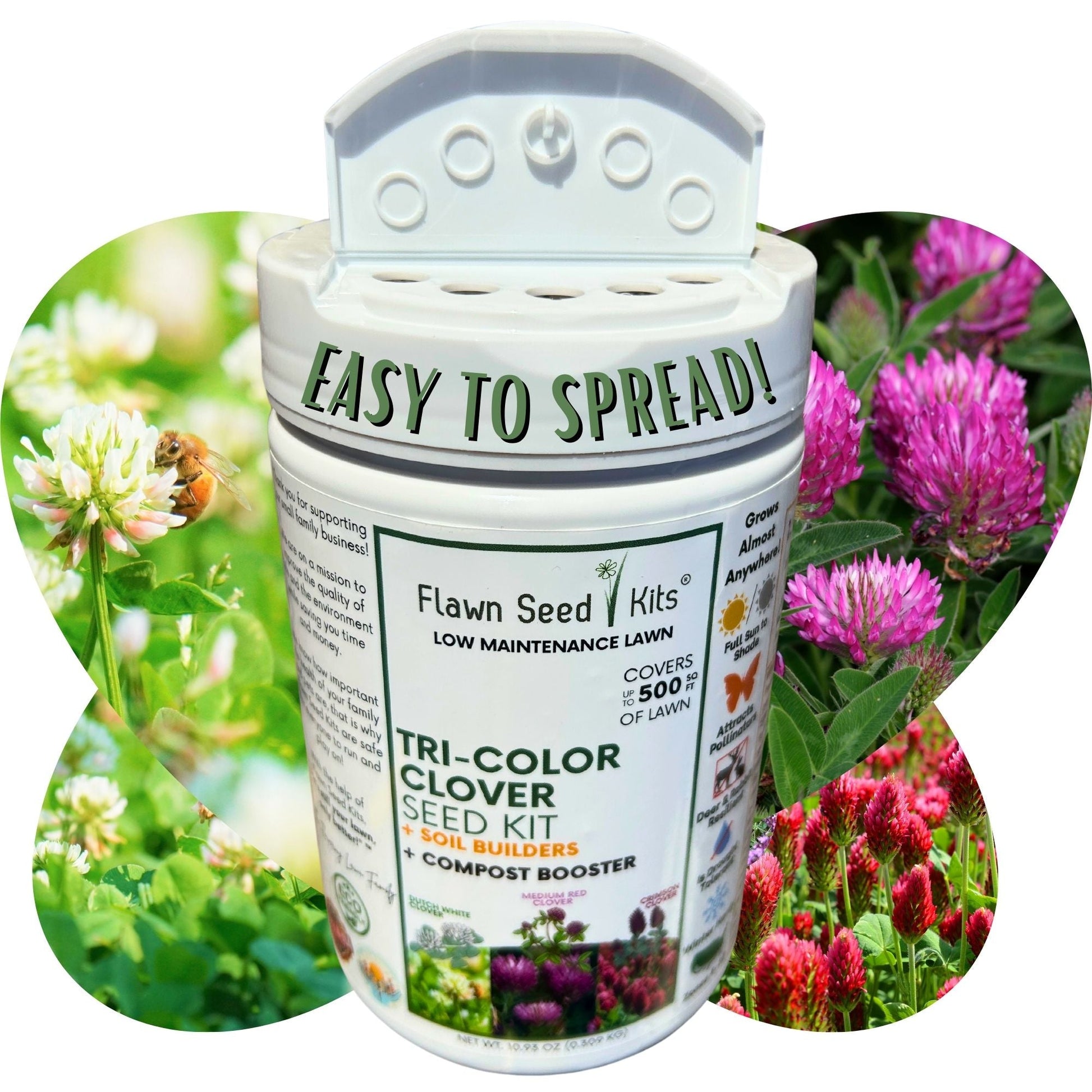 Tri-color clover seed in a Flawn Seed Kits easy spread shaker, designed for planting on seed tape for 250 sq ft of lawn.