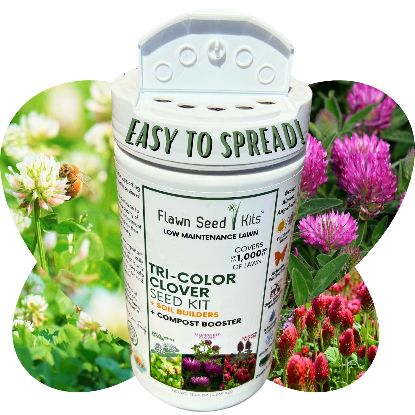 Tri-color clover seed in a Flawn Seed Kits easy spread shaker, designed for planting with seed tape for lawns and gardens.