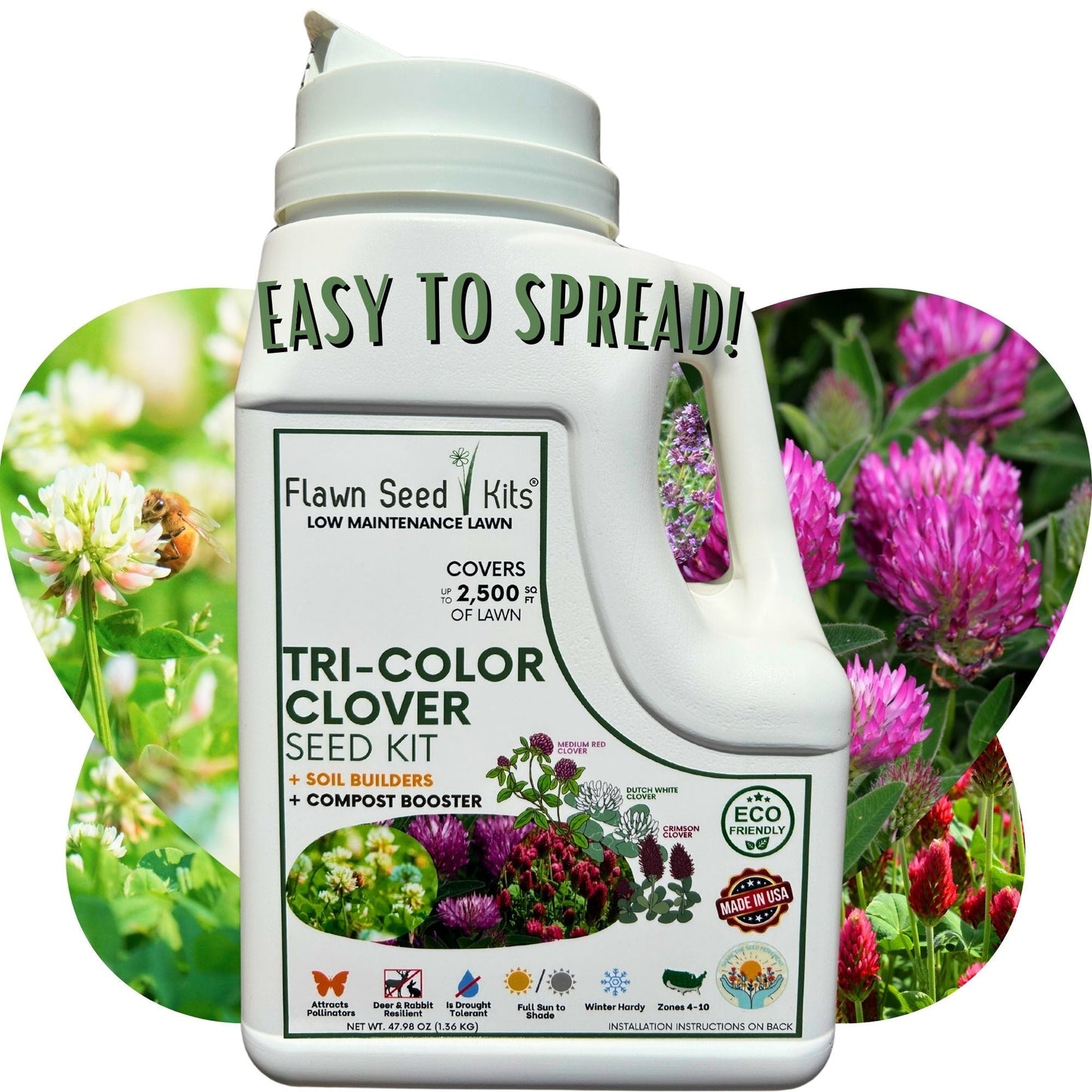 Tri-color clover seed in a Flawn Seed Kits easy spread shaker for planting seed tapes, ideal for lawns and gardens.