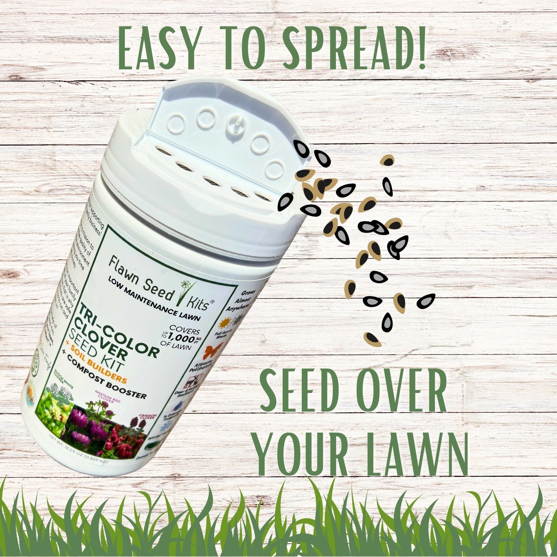 Tri-color clover seed in Flawn Seed Kits' seed tape with easy spread shaker for planting in a 250 sq ft lawn area.