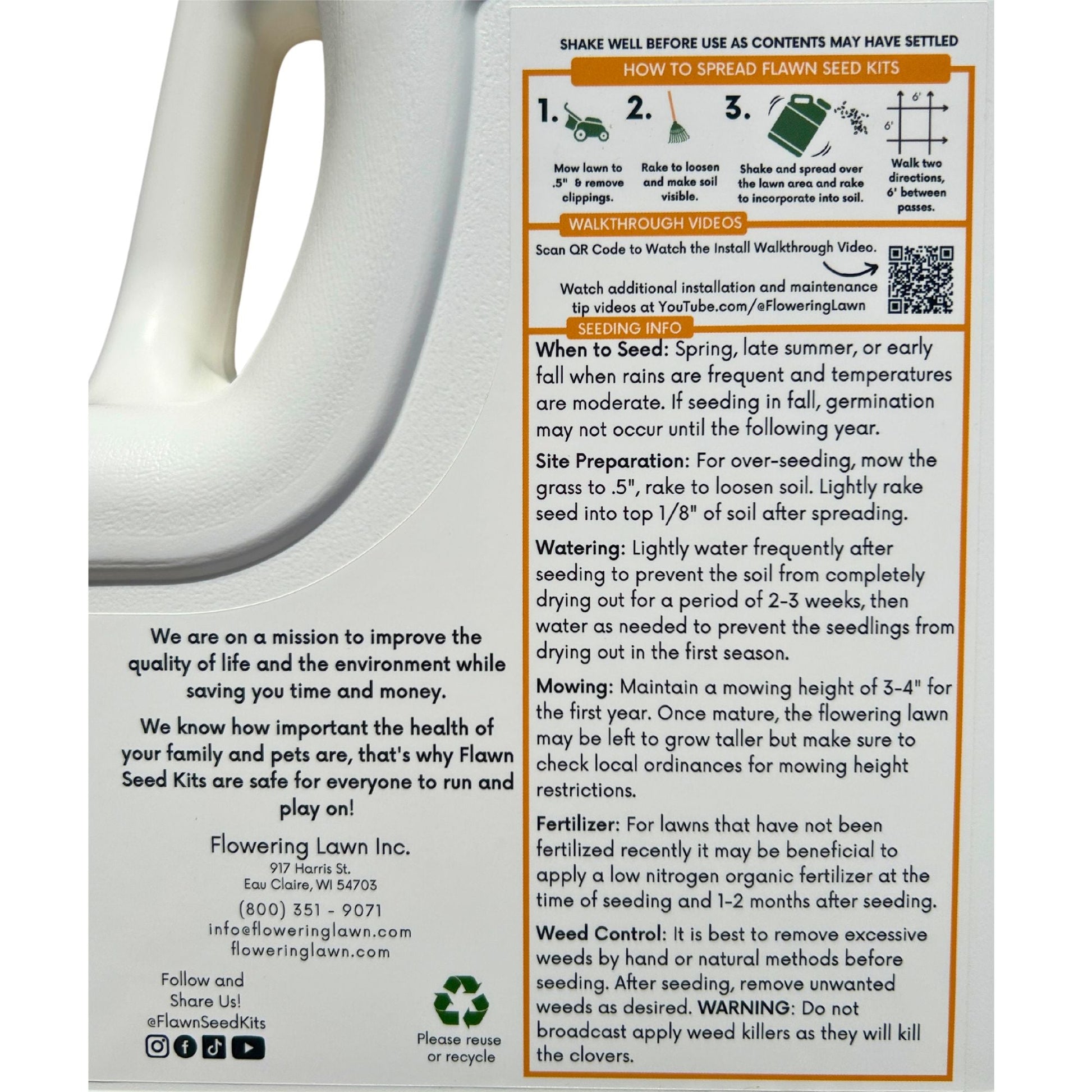 Tri-color clover seed in Flawn Seed Kits’ easy spread shaker, designed for planting on seed tape for lawns and gardens.