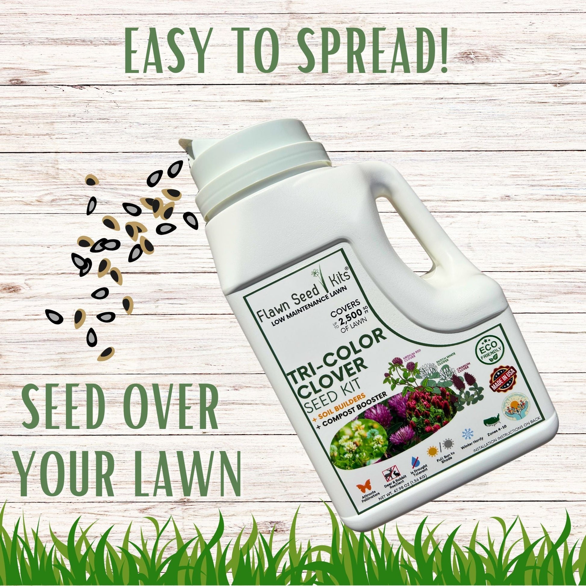 Tri-color clover seed in Flawn Seed Kits' easy spreader shaker for planting seed tape on 250 sq ft of soil.