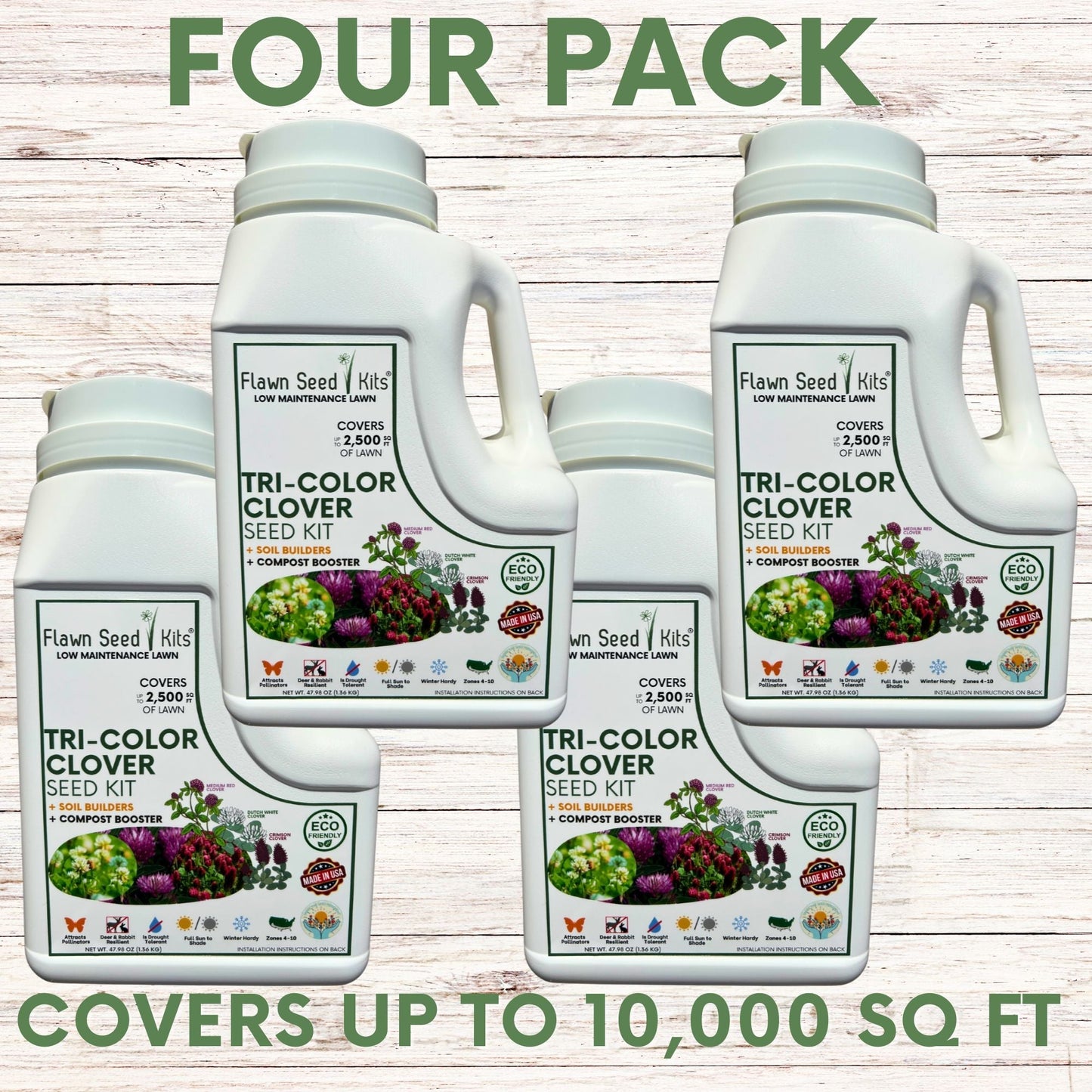 Tri-color clover seed in Flawn Seed Kits' easy spreader shaker for planting seed tape on a 250 sq ft area.
