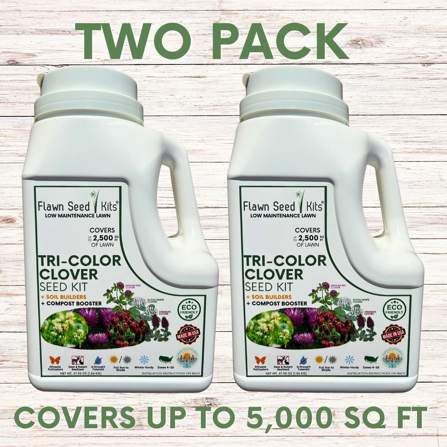 Tri-color clover seed in a Flawn Seed Kits easy spread shaker, designed for planting on seed tape for 250 sq ft of lawn.