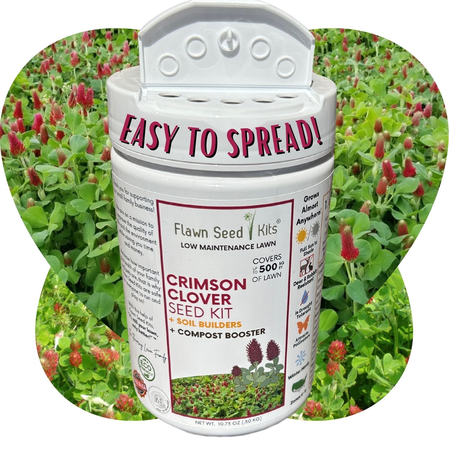 Crimson Clover Easy Spread Shaker from Flawn Seed Kits, seed tape for gardening, showing the seed tape and shaker tool on a garden background.