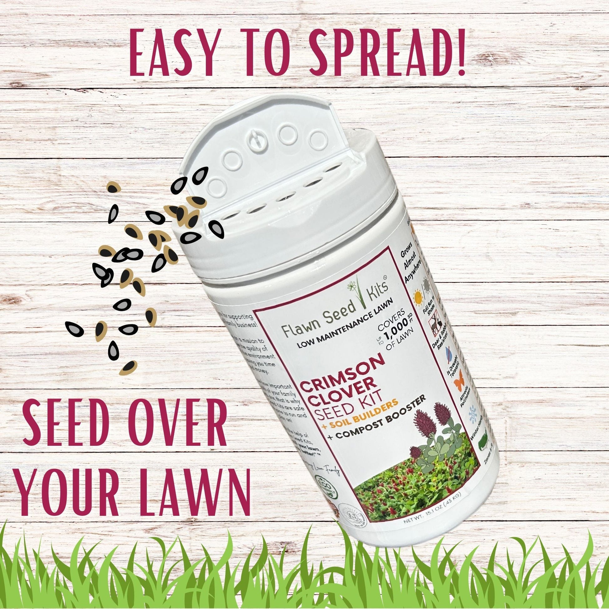 Crimson Clover Easy Spread Shaker from Flawn Seed Kits, seed tape for planting crimson clover in a 250 sq ft garden.