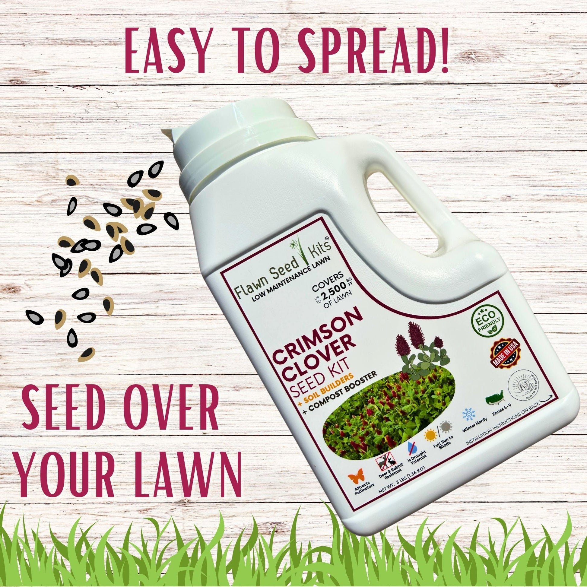 Crimson Clover Easy Spread Shaker from Flawn Seed Kits, seed tape for planting crimson clover in a 250 sq ft area.