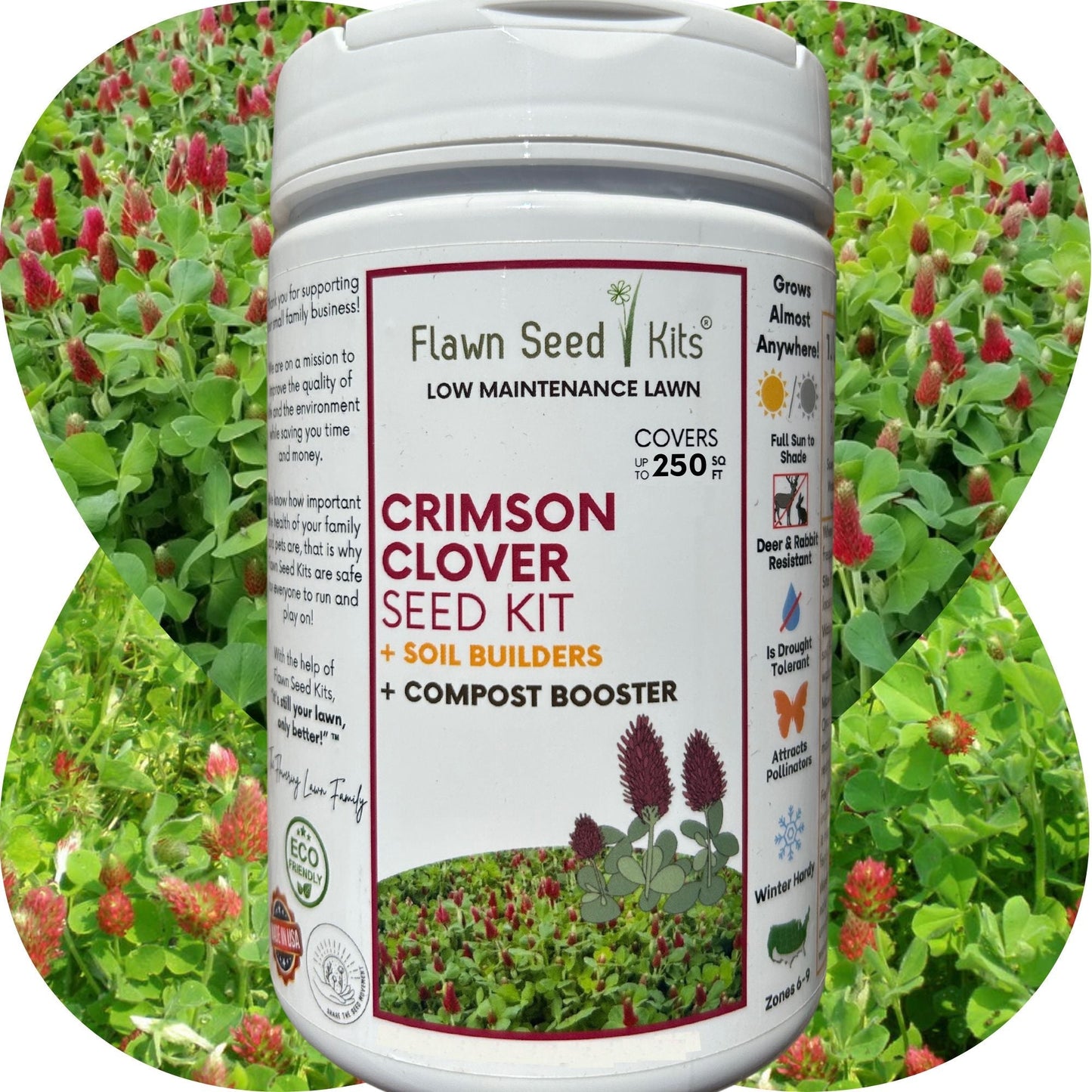 Crimson Clover Easy Spread Shaker from Flawn Seed Kits, seed tape for planting crimson clover in a 250 sq ft area.