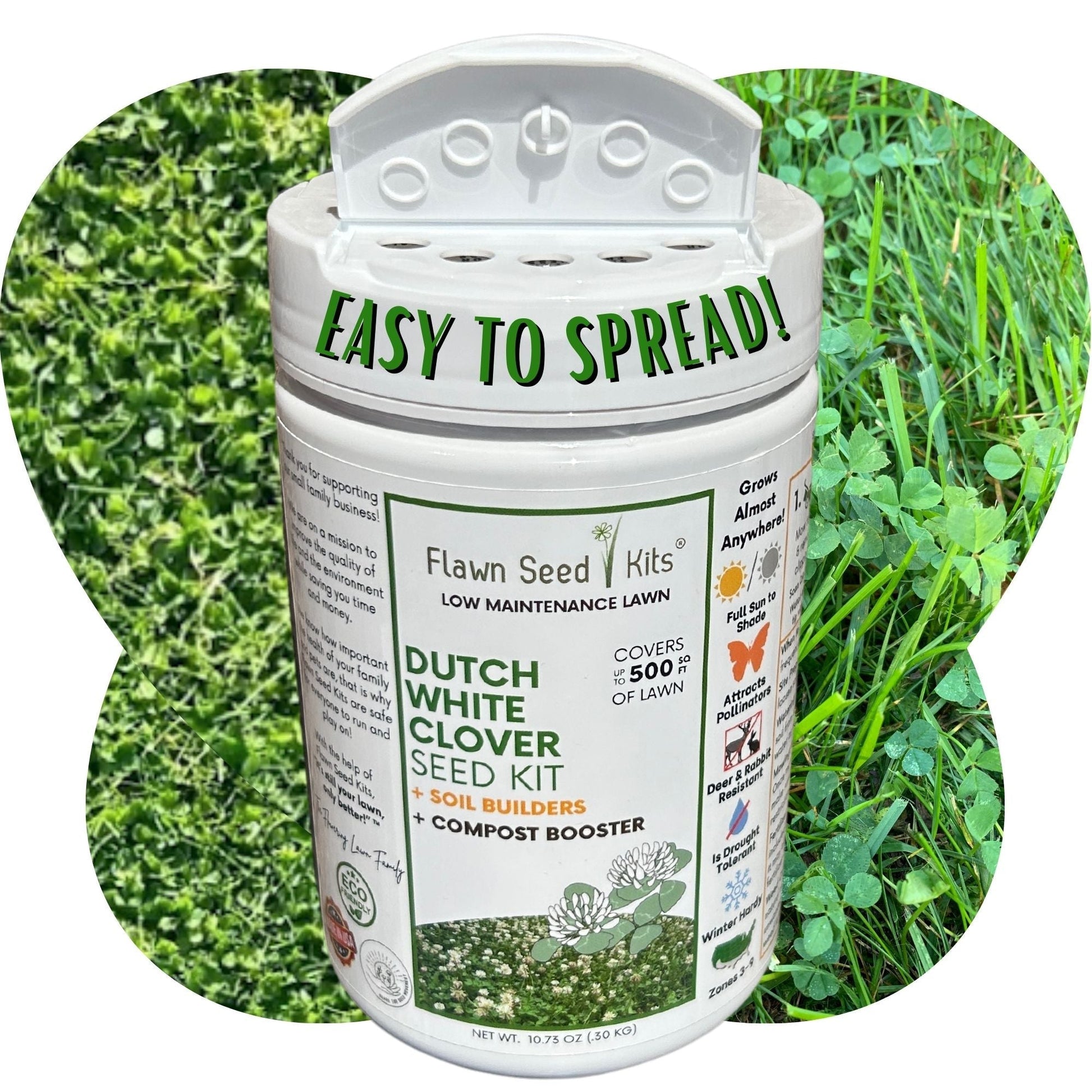 Dutch White Clover seeds in Flawn Seed Kits seed tape, easy spread shaker for lawn and garden planting, 250 sq ft coverage.