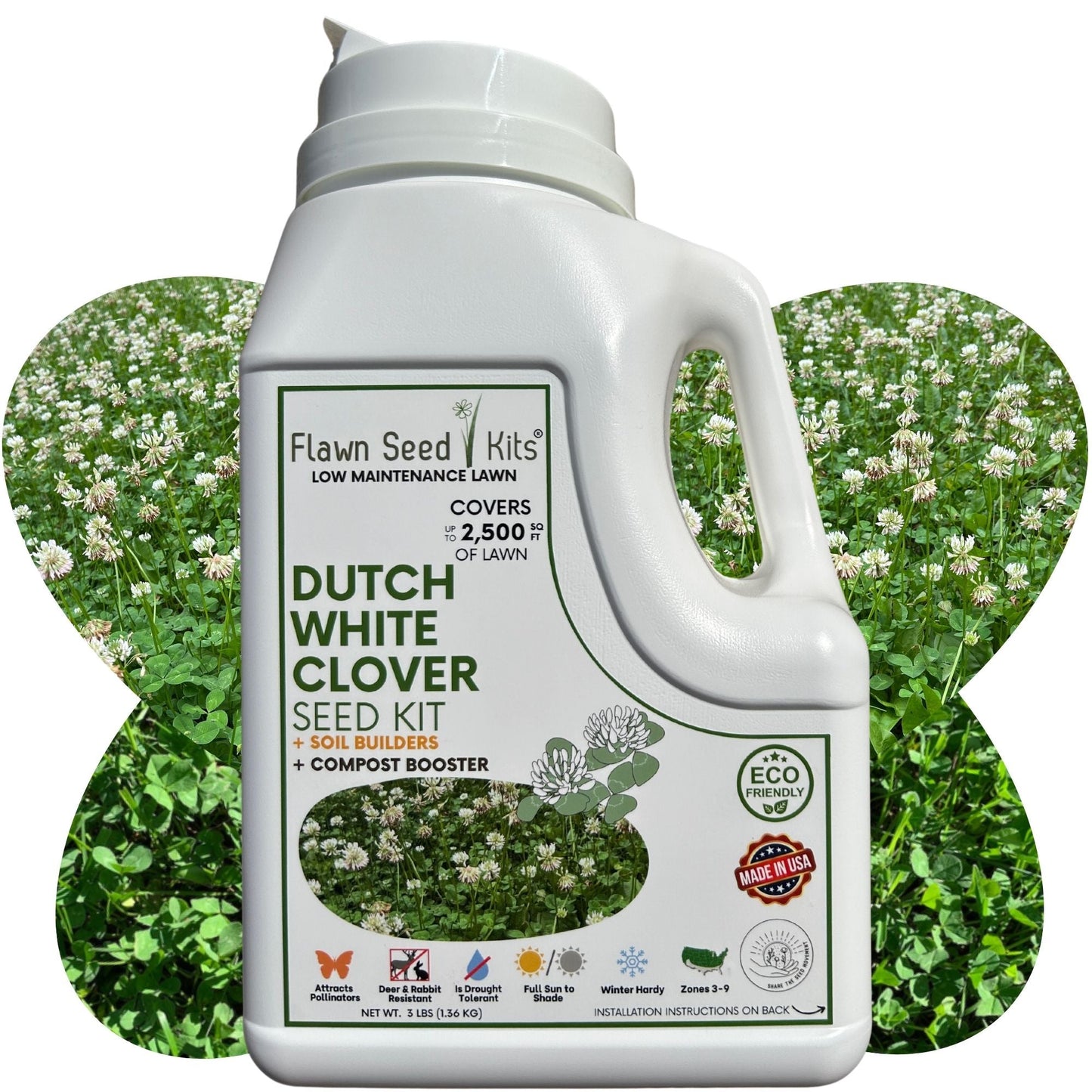 Dutch White Clover seeds in Flawn Seed Kits seed tape, easy spread shaker for lawn and garden planting.