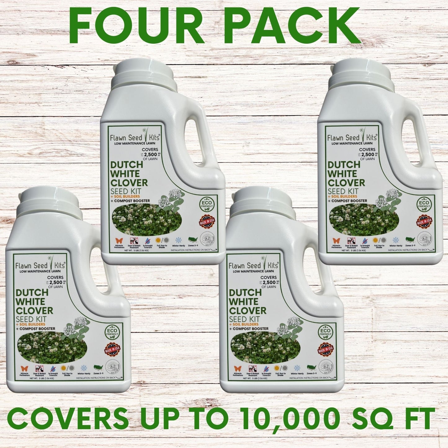 Dutch White Clover seeds in Flawn Seed Kits seed tape, easy spread shaker for lush, ground-covering lawn or garden.
