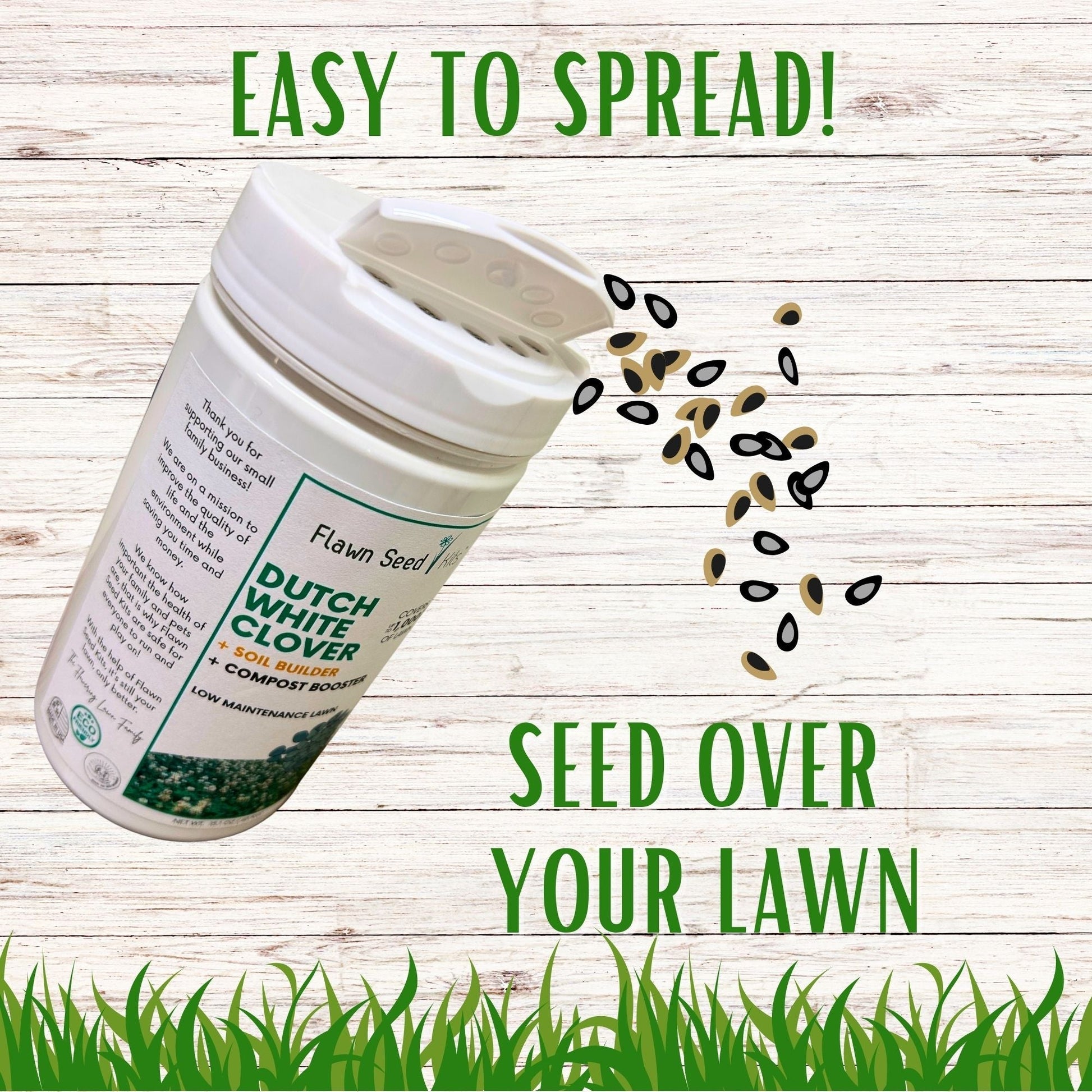 Dutch White Clover seeds in Flawn Seed Kits seed tape, easy spread shaker for planting in gardens or lawns.