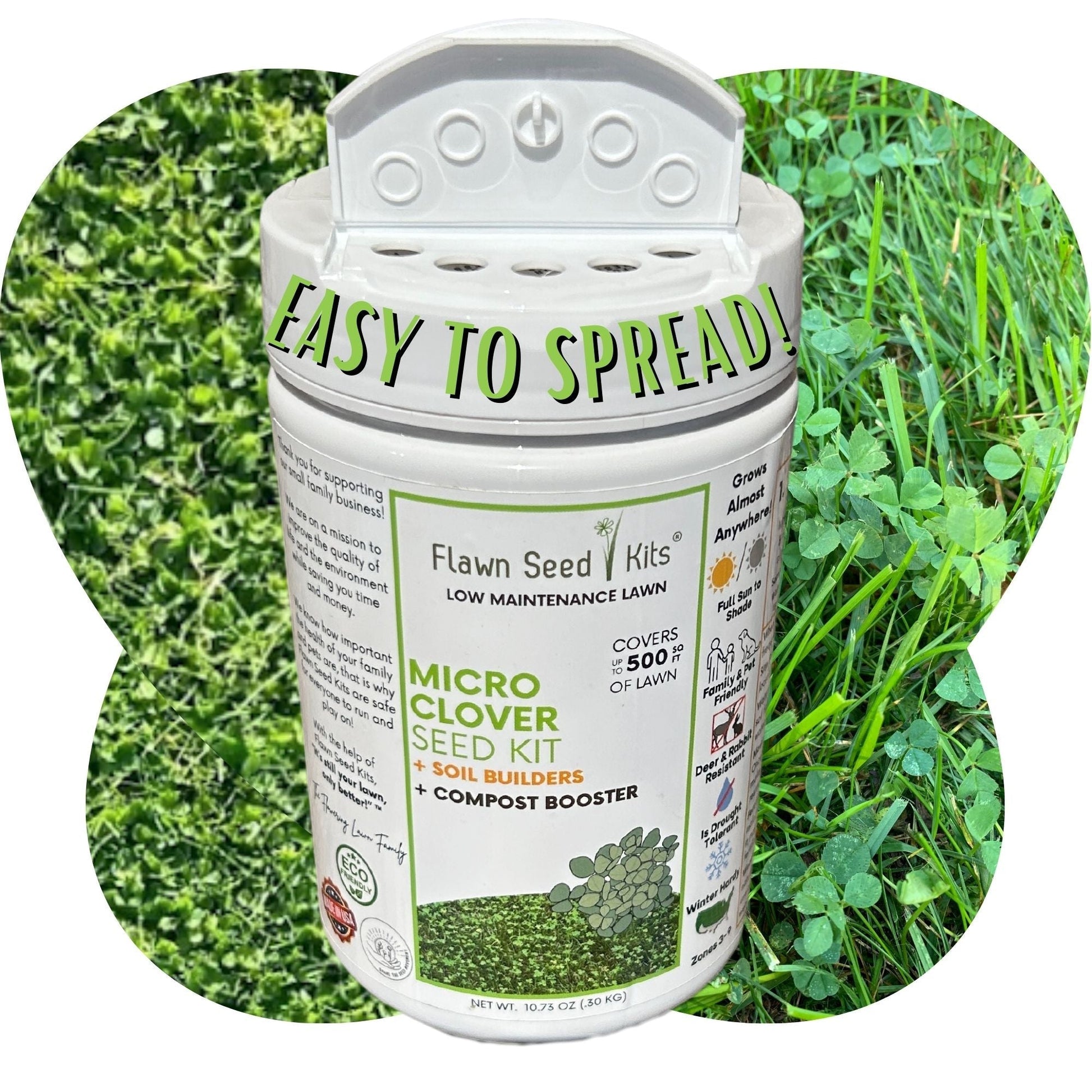Micro Clover Easy Spread Shaker from Flawn Seed Kits, seed tape for easy planting in 250 sq ft of garden.