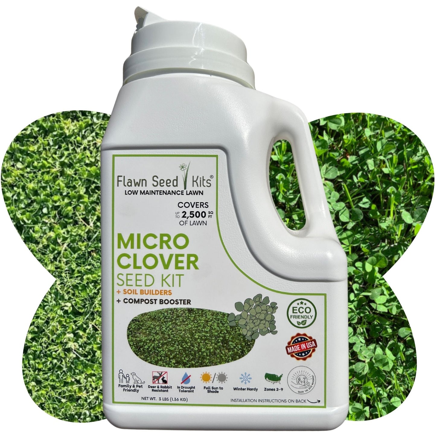 Micro Clover Easy Spread Shaker from Flawn Seed Kits, seed tape for quick planting of micro clover in a 250 sq ft tube.