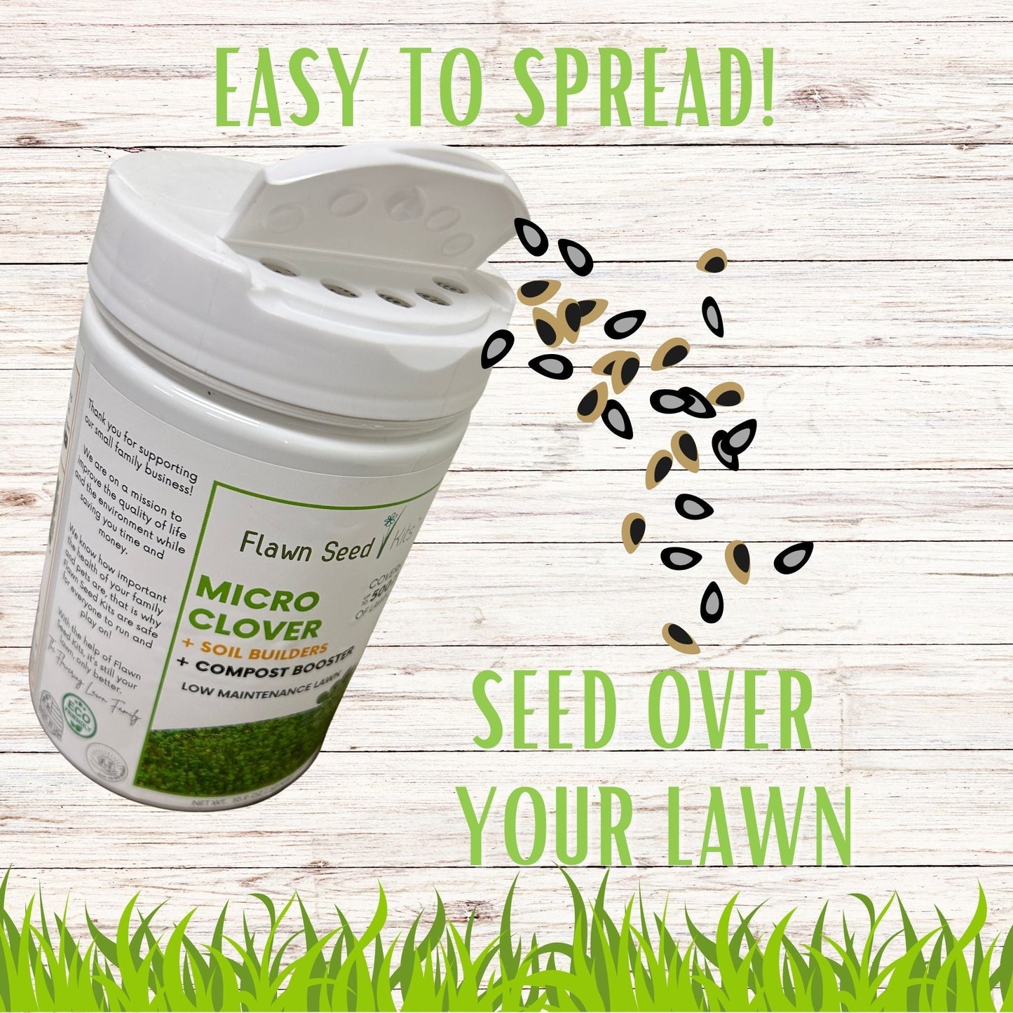 Micro Clover Easy Spread Shaker from Flawn Seed Kits, used for planting micro clover seeds and seed tape in lawn or garden.