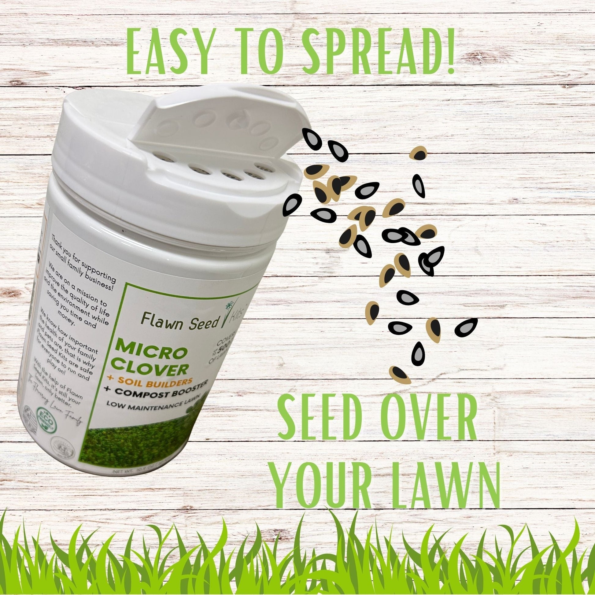 Micro Clover Easy Spread Shaker from Flawn Seed Kits, used for planting micro clover seeds and seed tape in lawn or garden.