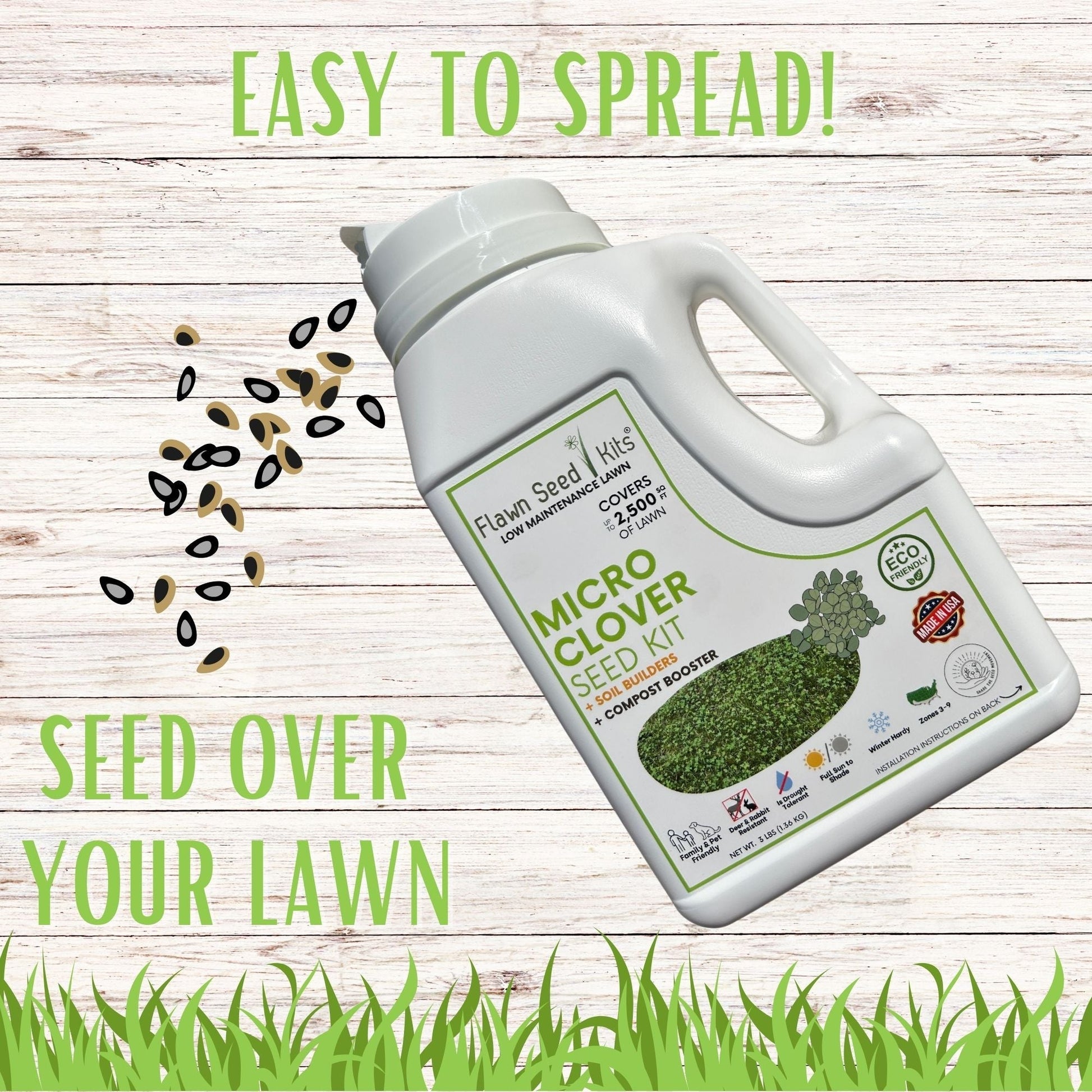 Micro Clover Easy Spread Shaker from Flawn Seed Kits, seed tape for easy planting of micro clover in 250 sq ft area.