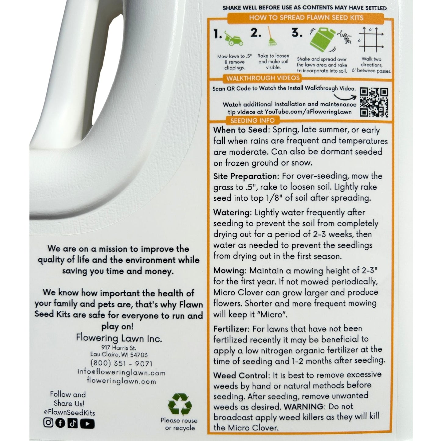 Micro clover seeds in a Flawn Seed Kits Easy Spread Shaker for planting seed tape on 250 sq ft of lawn or garden area.