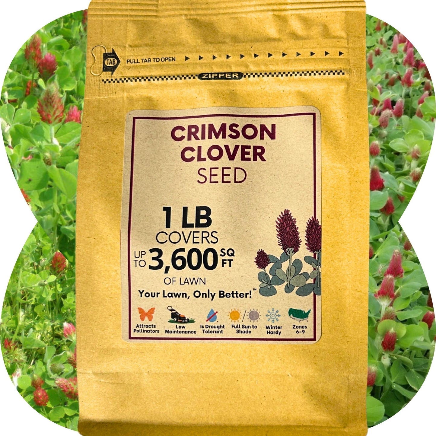 Crimson Clover Seed from Flawn Seed Kits, packaged in seed tape for easy planting in a 250 sq ft garden area.