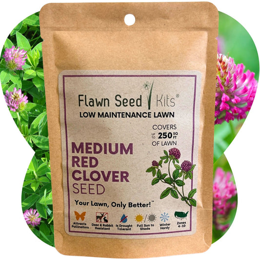 Medium red clover seed pouch from Flawn Seed Kits, containing seeds for planting on seed tape, suitable for garden or lawn.