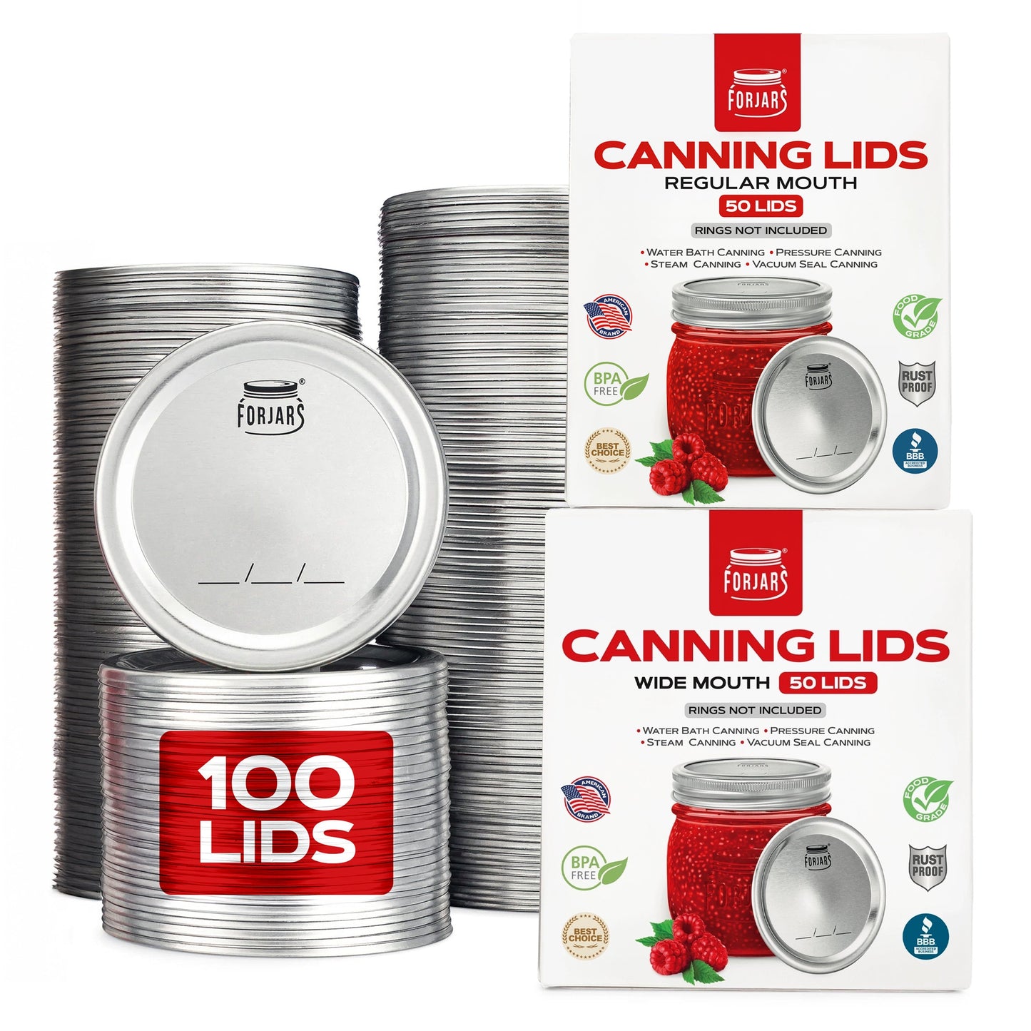 Set of 100 ForJars canning lids including 50 regular mouth and 50 wide mouth lids, suitable for preserving jars.