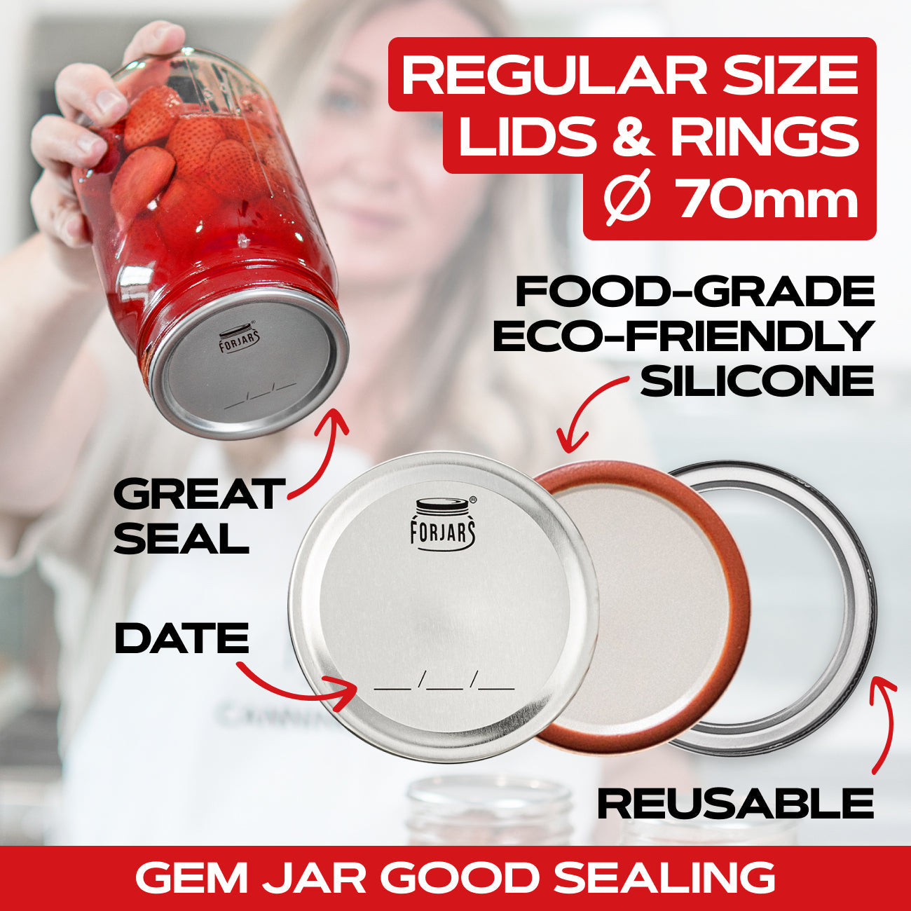 ForJars 100-pack canning lids bundle with 50 regular mouth and 50 wide mouth lids for preserving jars, various sizes included.