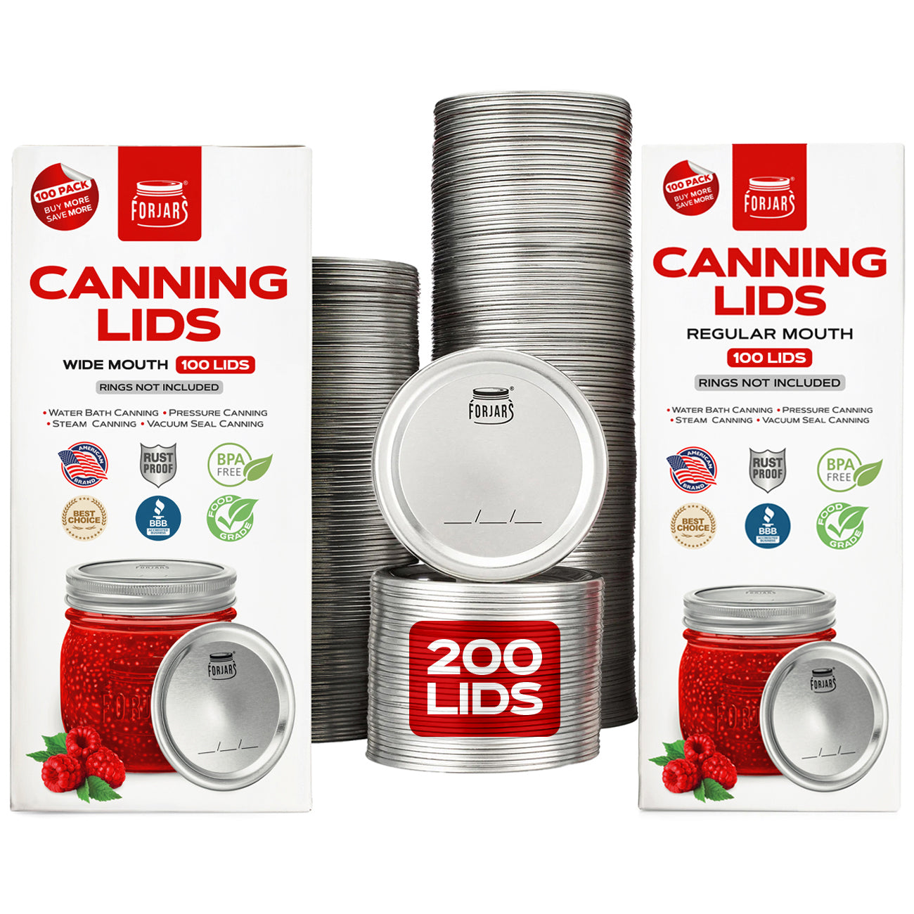 ForJars 200-count canning lids bundle with 100 regular mouth and 100 wide mouth lids for preserving jars.