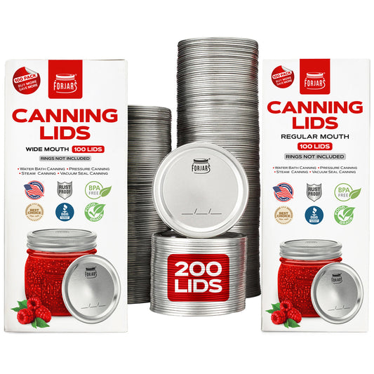 ForJars 200-count canning lids bundle with 100 regular mouth and 100 wide mouth lids for preserving jars.