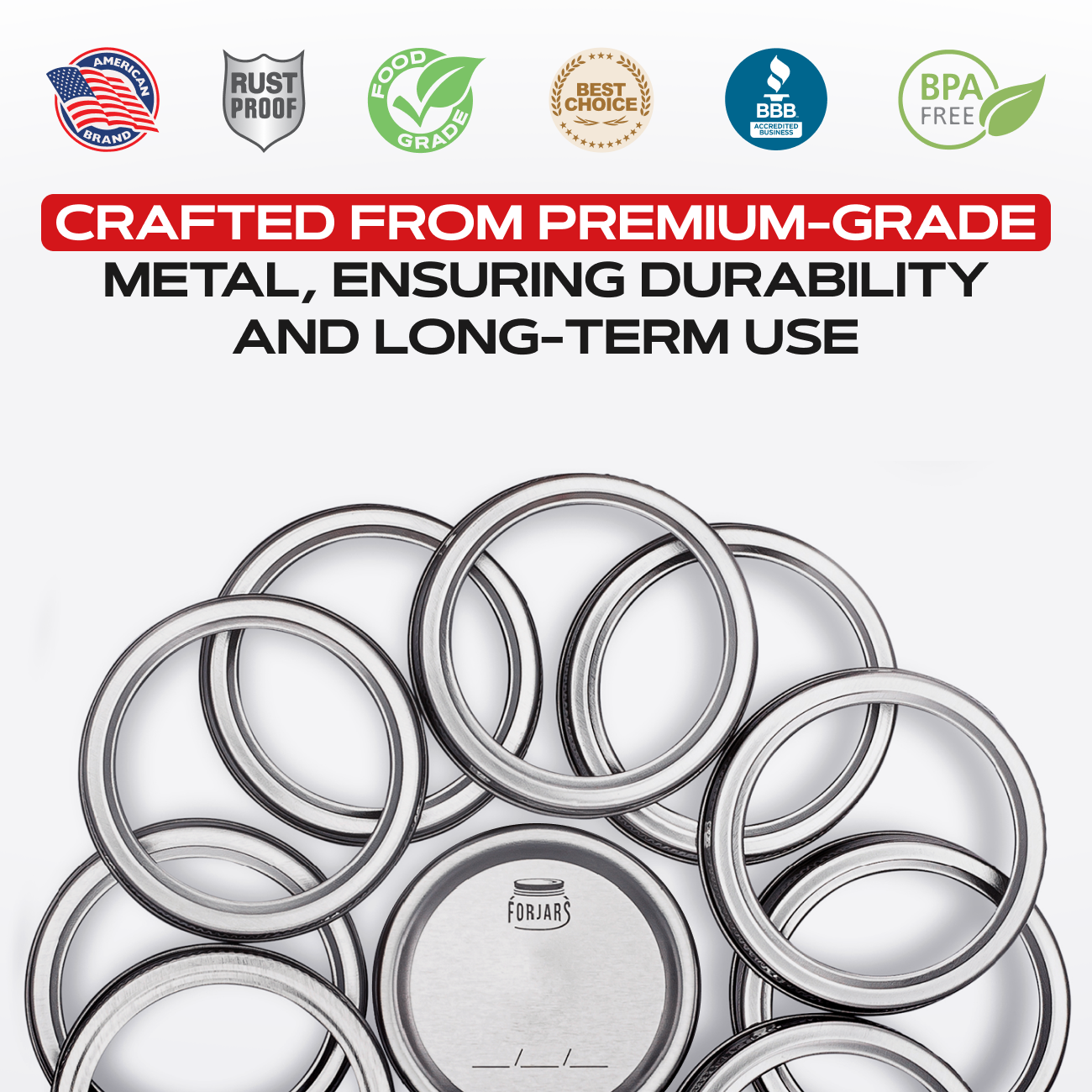 ForJars Forjars 100 regular mouth rings, stainless steel canning jar lids for preserving and sealing jars.