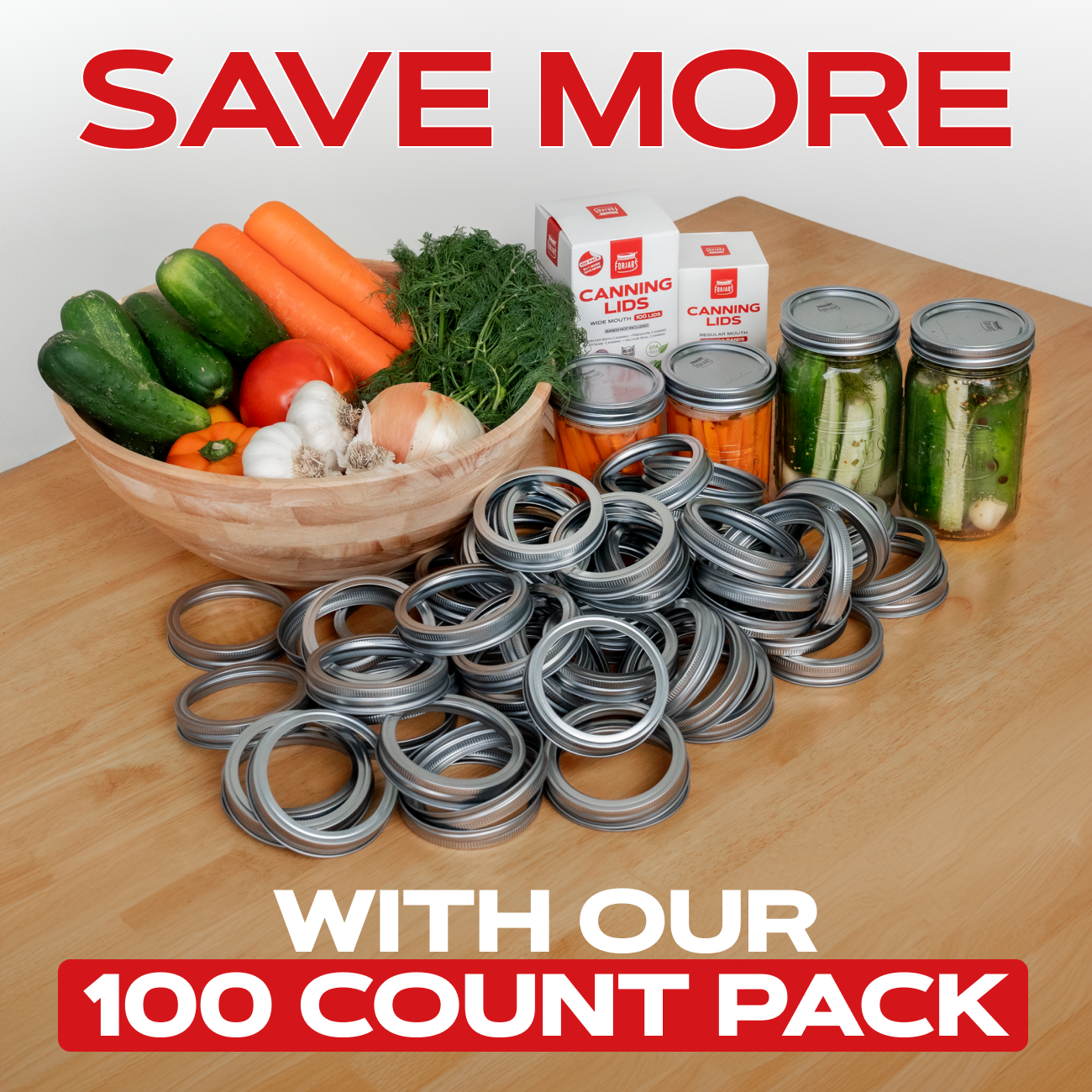 Set of 100 ForJars Regular Mouth Rings, durable metal lids for wide-mouth jars, ideal for preserving and storage.