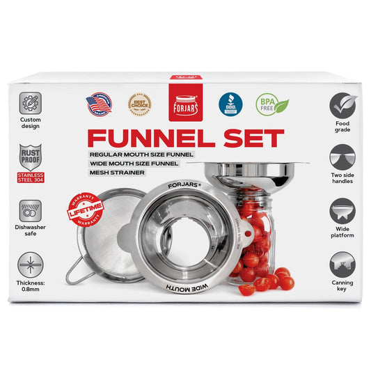 Forjars® funnel set with multiple plastic funnels in various sizes for kitchen or crafting use