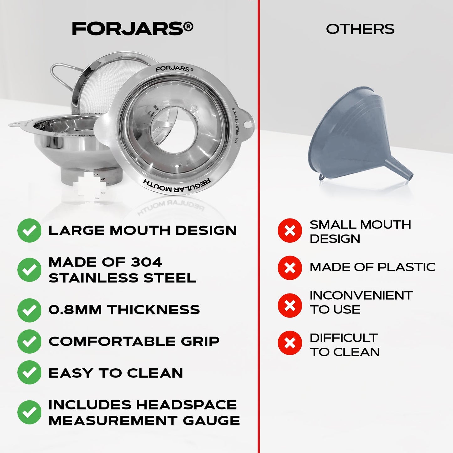 Forjars® funnel set with multiple stainless steel funnels of various sizes for kitchen or craft use