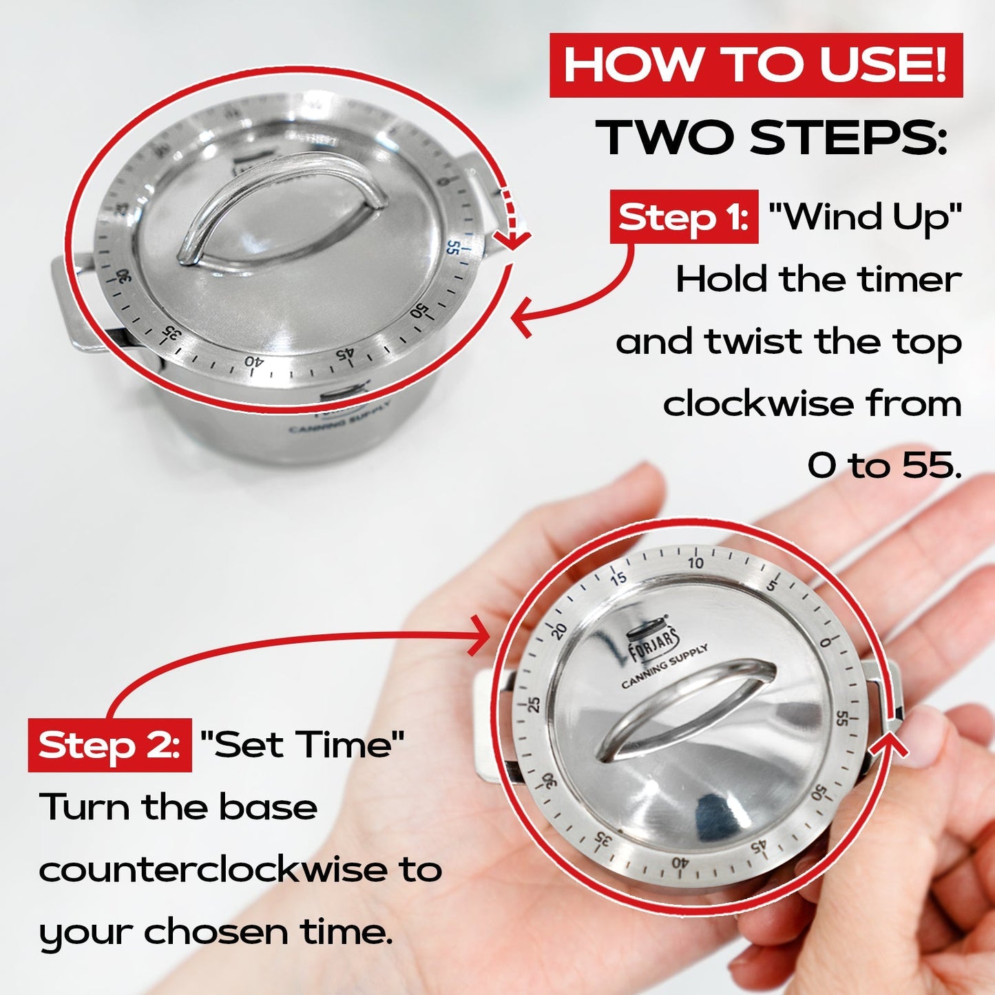 Forjars® kitchen timer with white and silver design, featuring a round dial and digital display for precise time tracking.