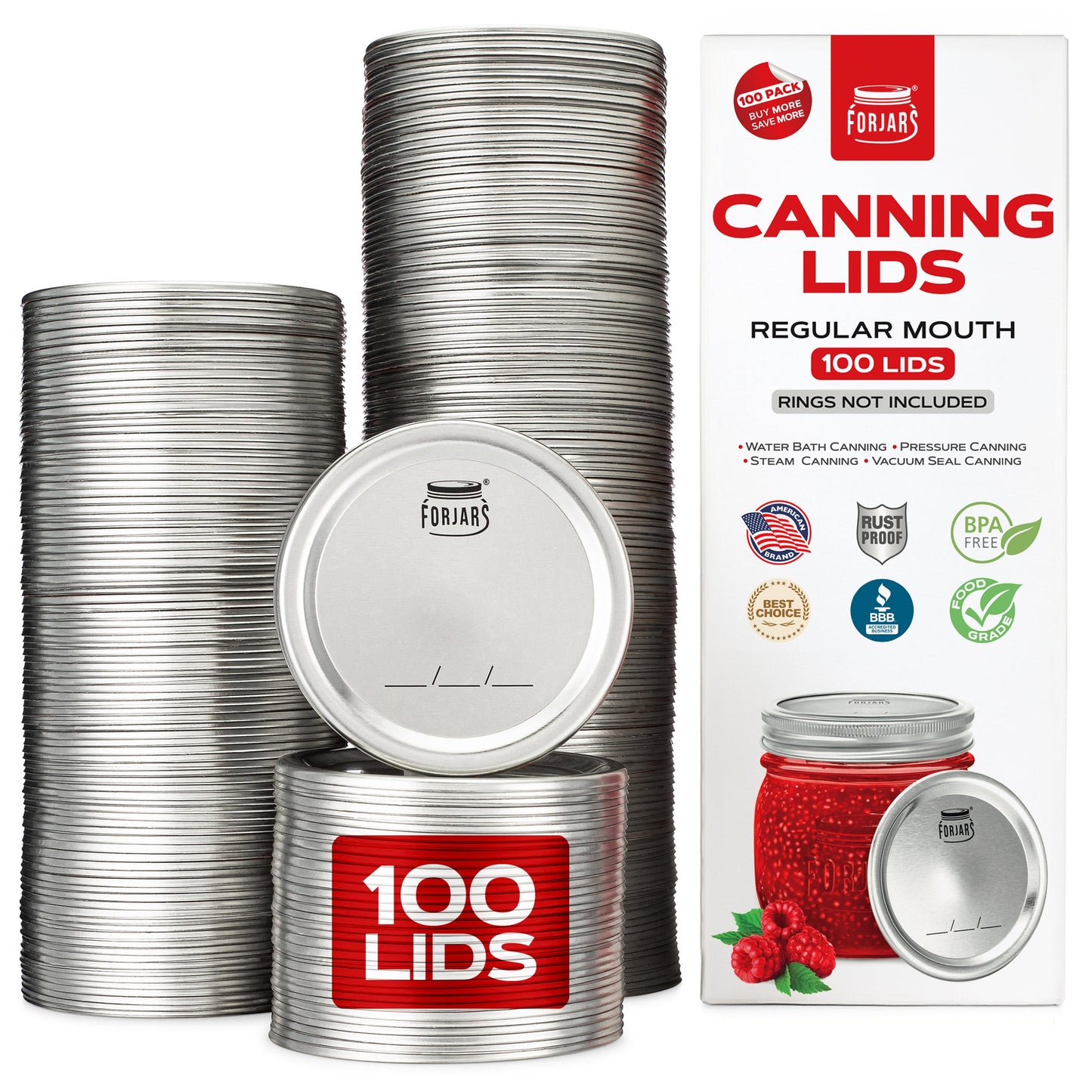 Set of 100 ForJars Regular Mouth Canning Lids for preserving and sealing jars, durable metal lids for home canning projects.