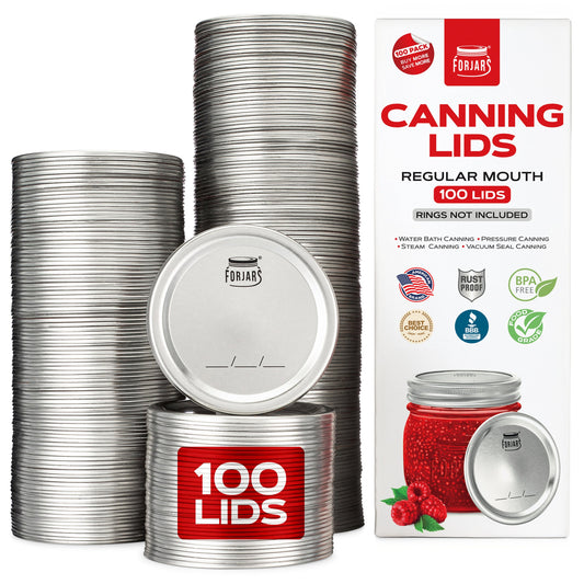 Set of 100 ForJars Regular Mouth Canning Lids for preserving and sealing jars, durable metal lids for home canning projects.