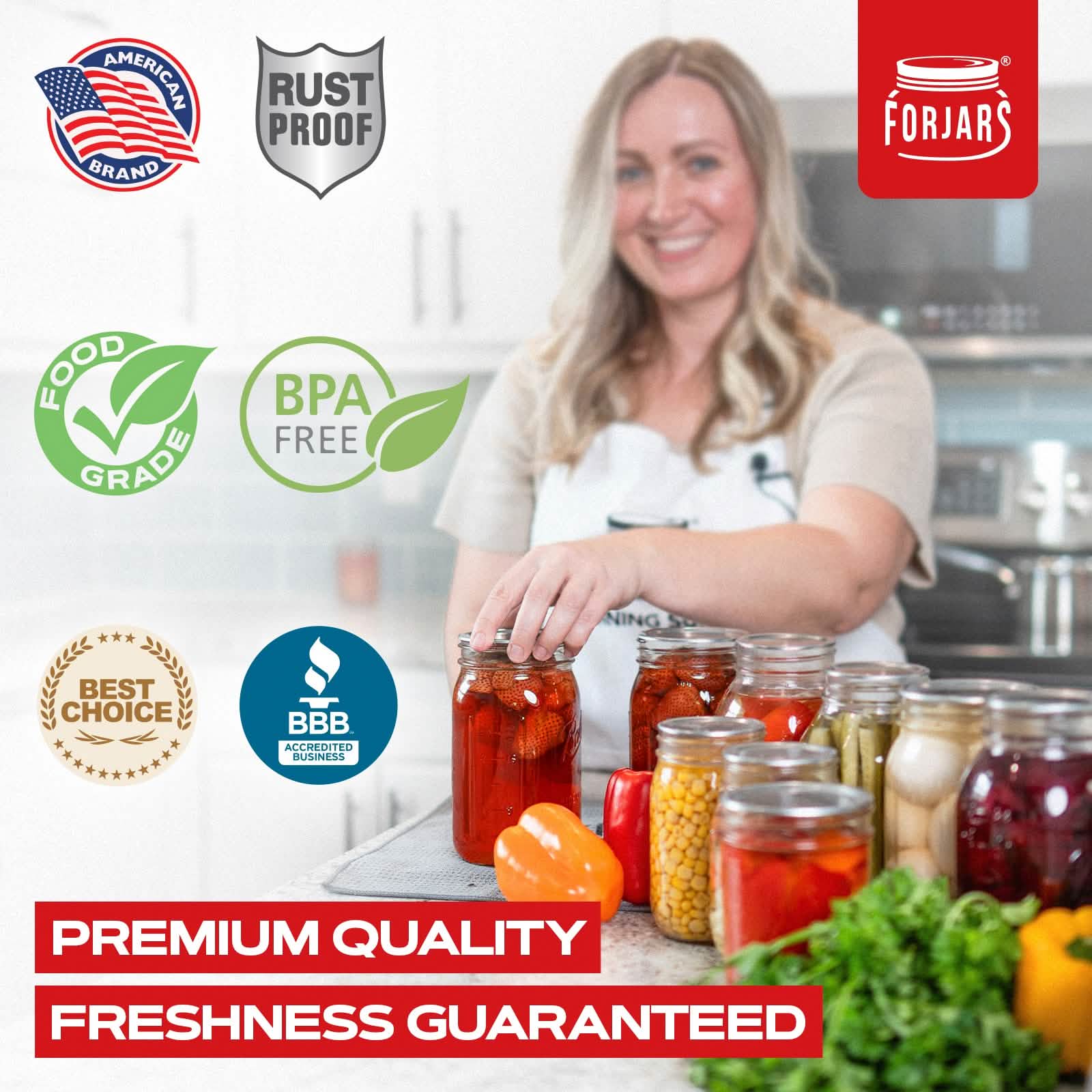 Set of 100 ForJars Regular Mouth Canning Lids for preserving jars, featuring durable metal lids with sealing compound.