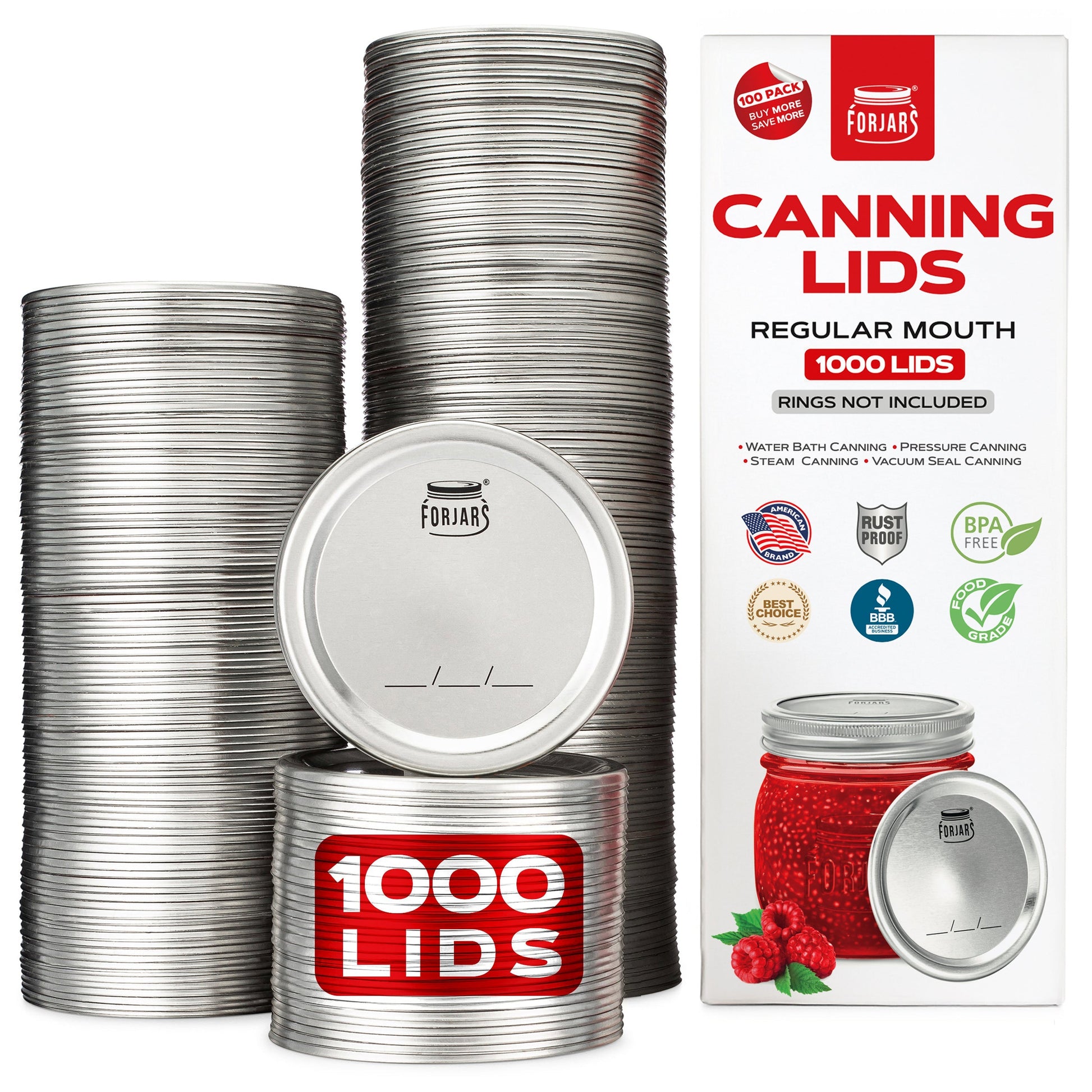 ForJars 1000 Regular Mouth Canning Lids, set of metal lids for preserving food in jars, multiple lids stacked together