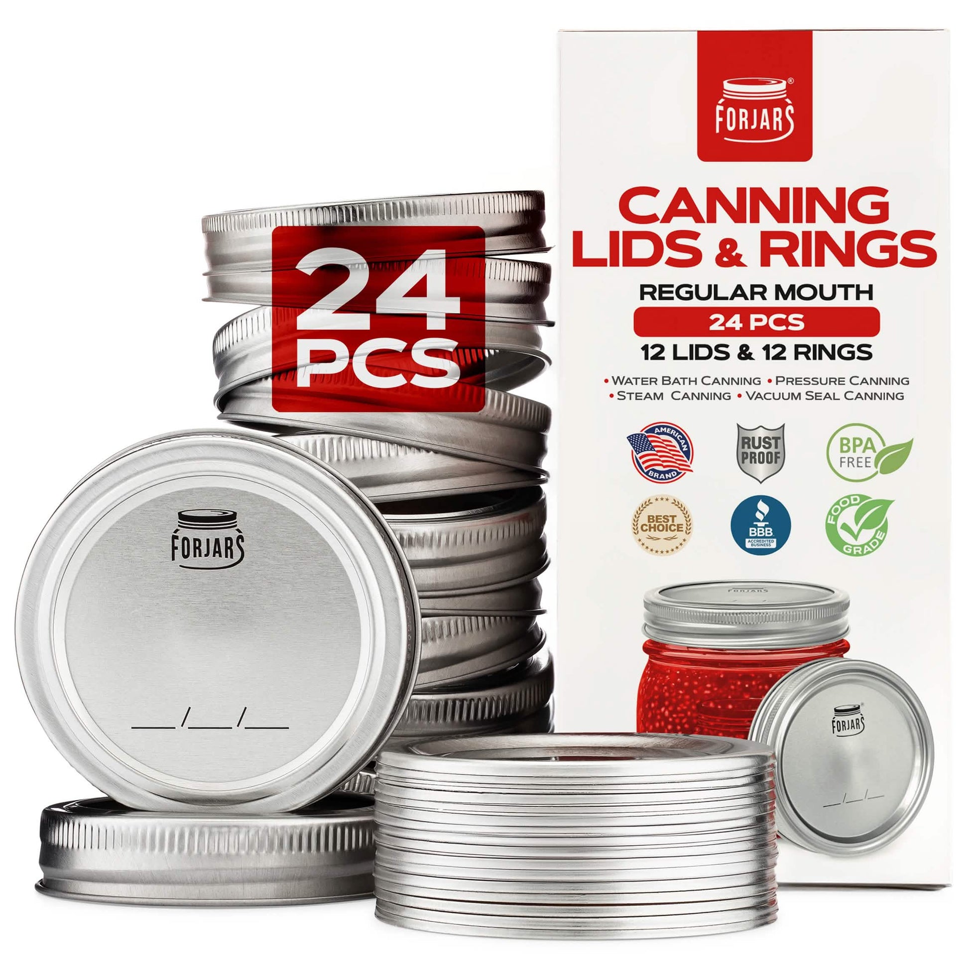 ForJars Regular Mouth Canning Lids with 12 metal rings, suitable for preserving jars and home canning processes.