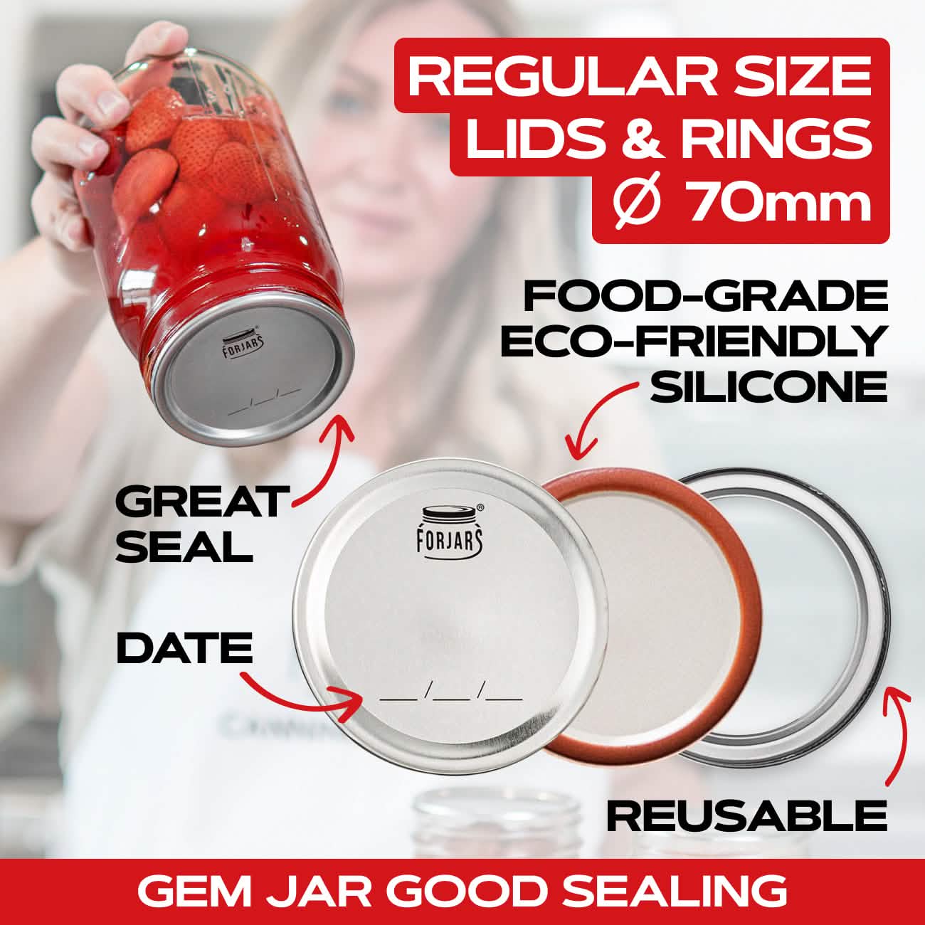 ForJars regular mouth canning lids and rings set, 12-piece pack, ideal for preserving jams and fruits with secure sealing.