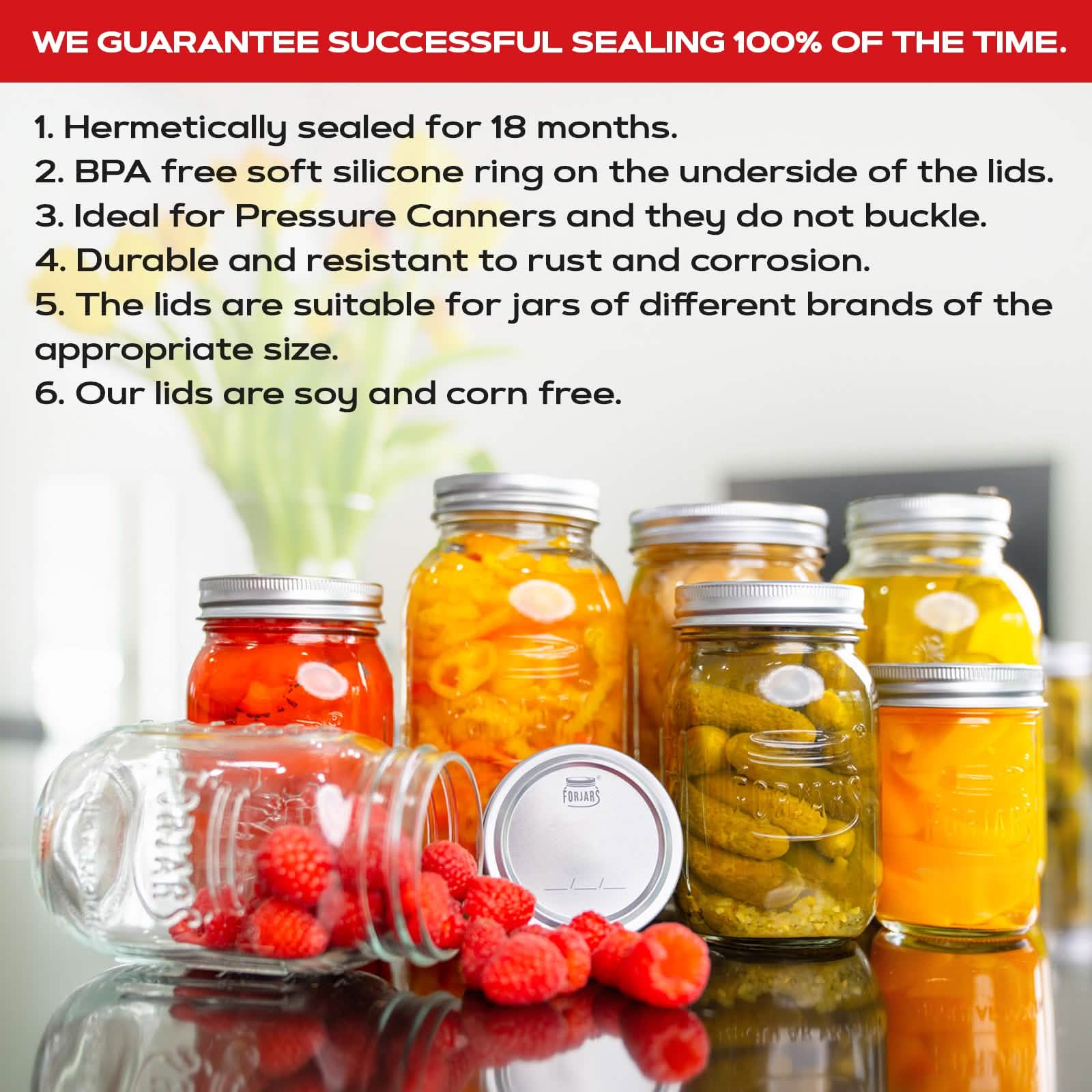 Set of 12 ForJars Regular Mouth Canning Lids with 12 metal rings for preserving and sealing jars.