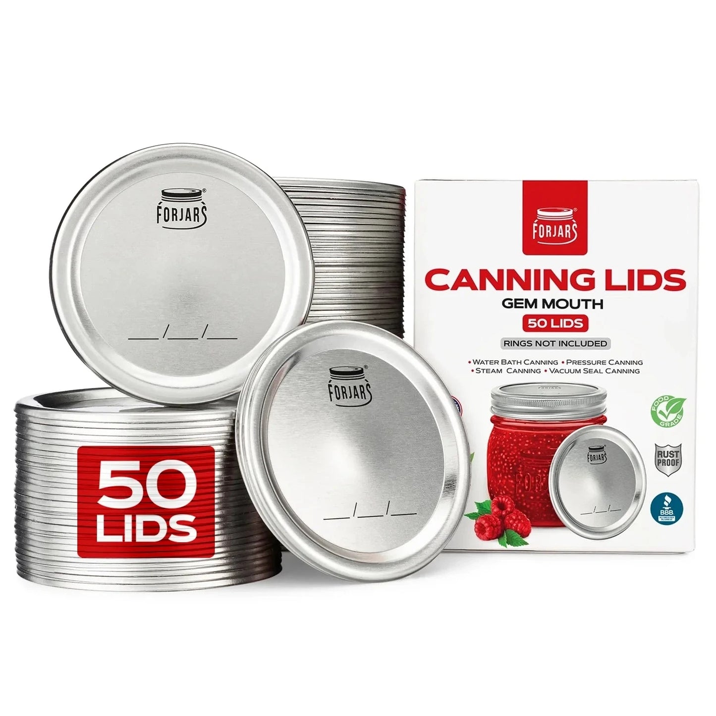 Set of 50 ForJars Forjars Regular Mouth Canning Lids with gem size design for preserving jars and food storage.