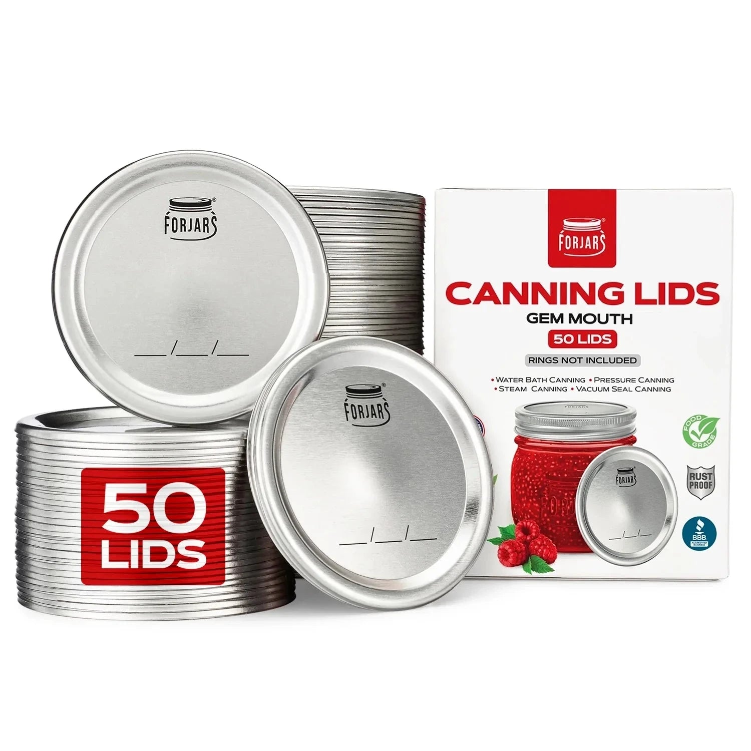 Set of 50 ForJars Forjars Regular Mouth Canning Lids with gem size design for preserving jars and food storage.