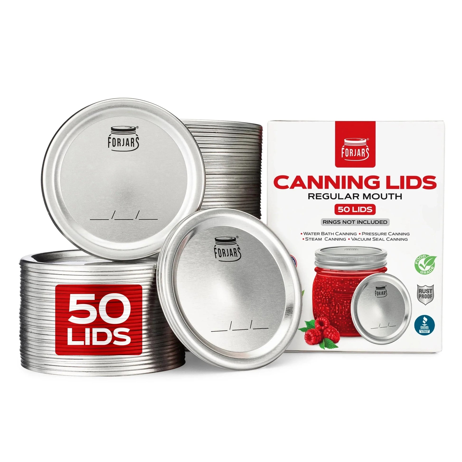 ForJars 50 regular mouth canning lids, metal lids with sealing edges for preserving jars, shown in the image.