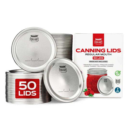 ForJars 50 regular mouth canning lids, metal lids with sealing edges for preserving jars, shown in the image.