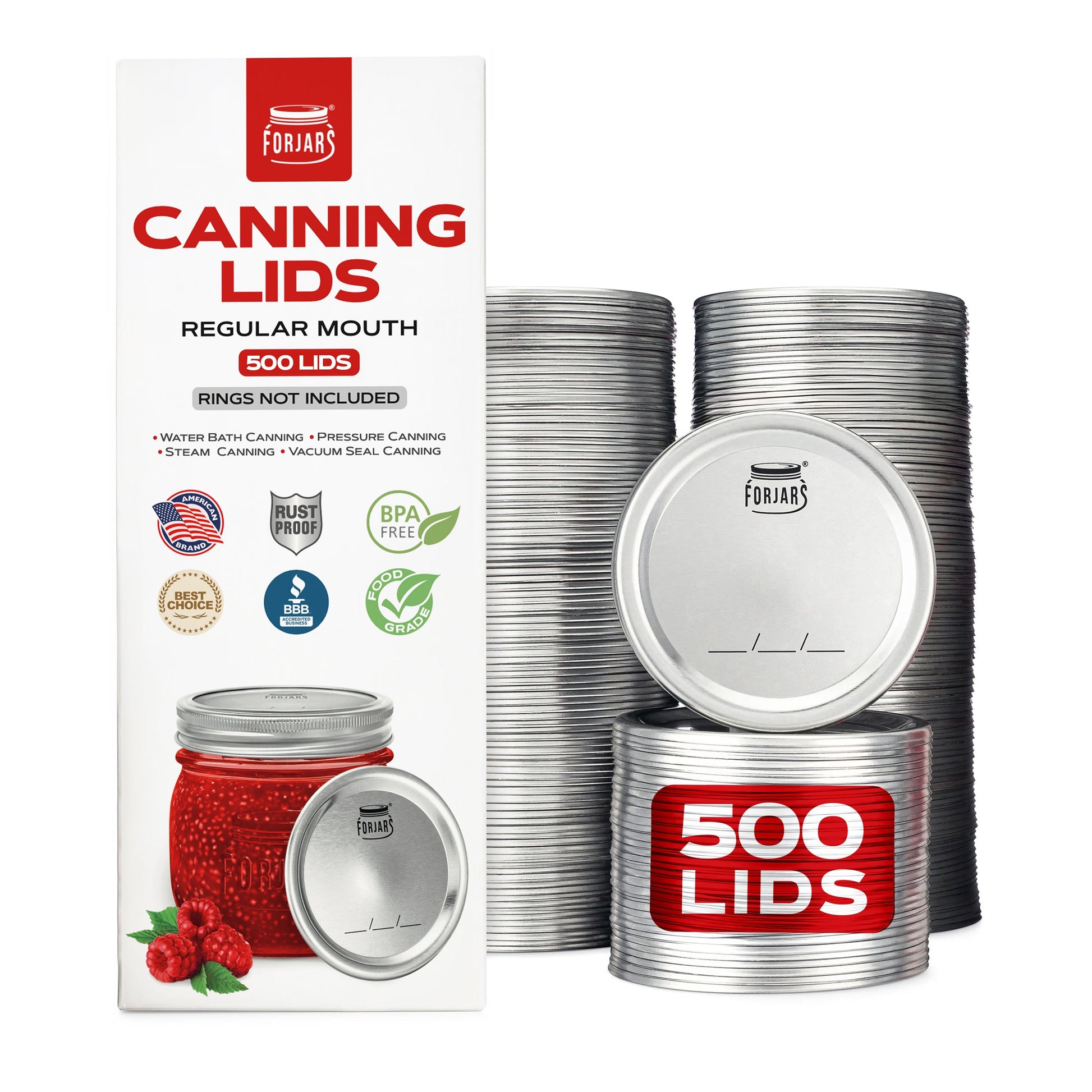 ForJars 500 regular mouth canning lids, metal lids for preserving jars, showcasing sealed lid design on white background.