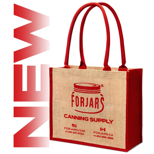ForJars reusable burlap tote bag in small size, showing natural woven texture and sturdy handles for eco-friendly shopping.