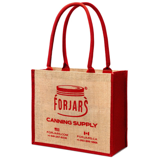 ForJars reusable burlap tote bag in small size, featuring natural woven texture and sturdy handles for eco-friendly shopping.