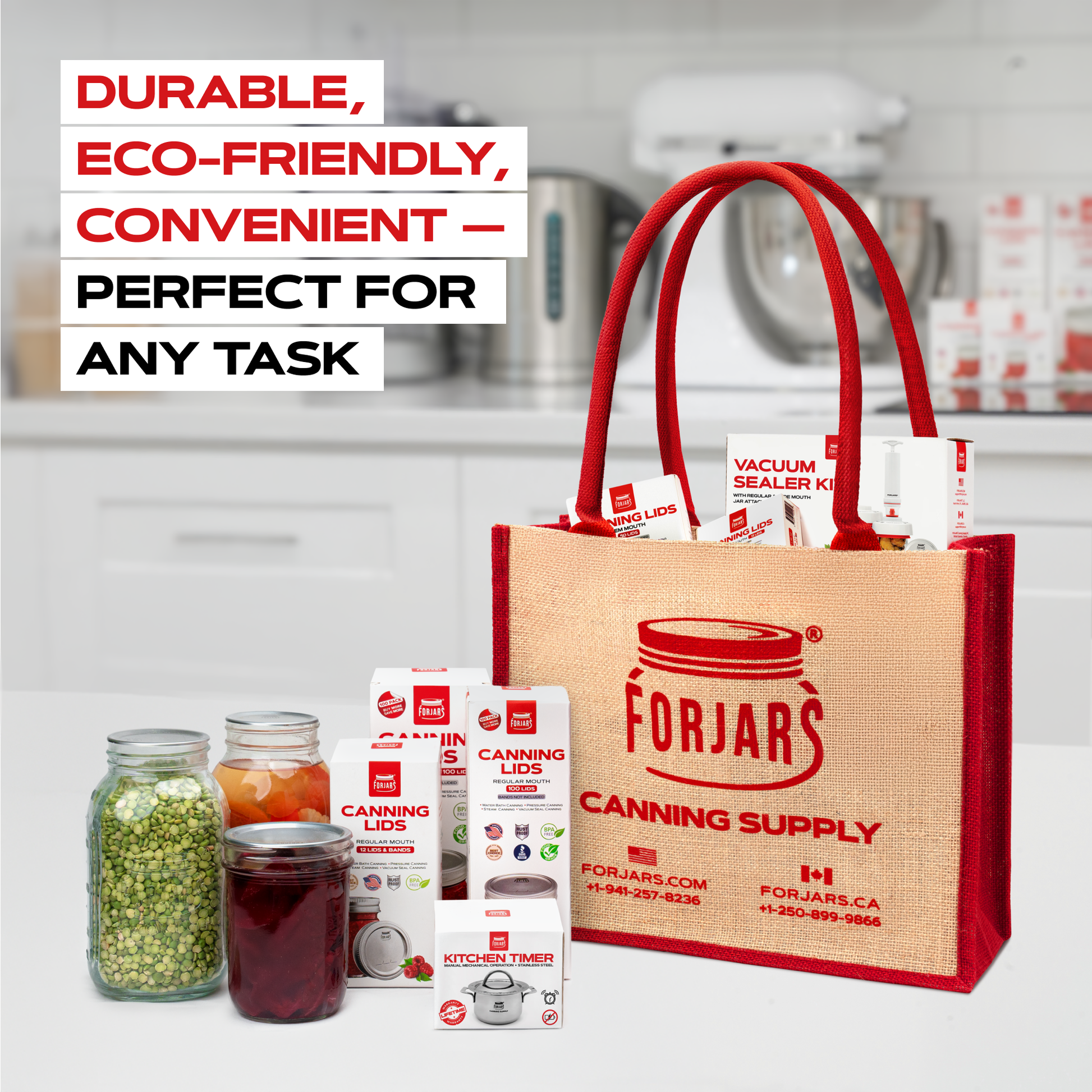 ForJars reusable burlap tote bag in small size, featuring natural woven texture and sturdy handles for eco-friendly shopping.